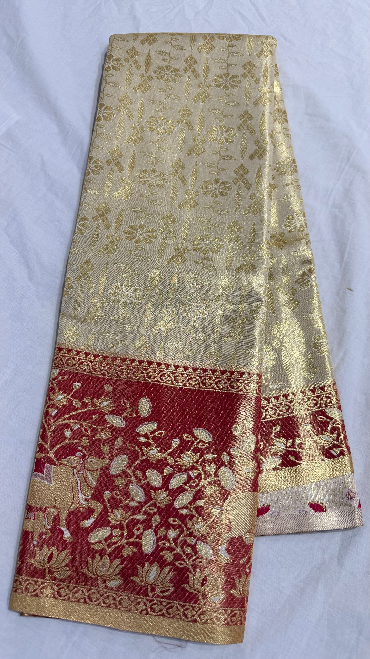 Elegant Off White Semi Kanchipattu Saree with Red Meenakari Detailing