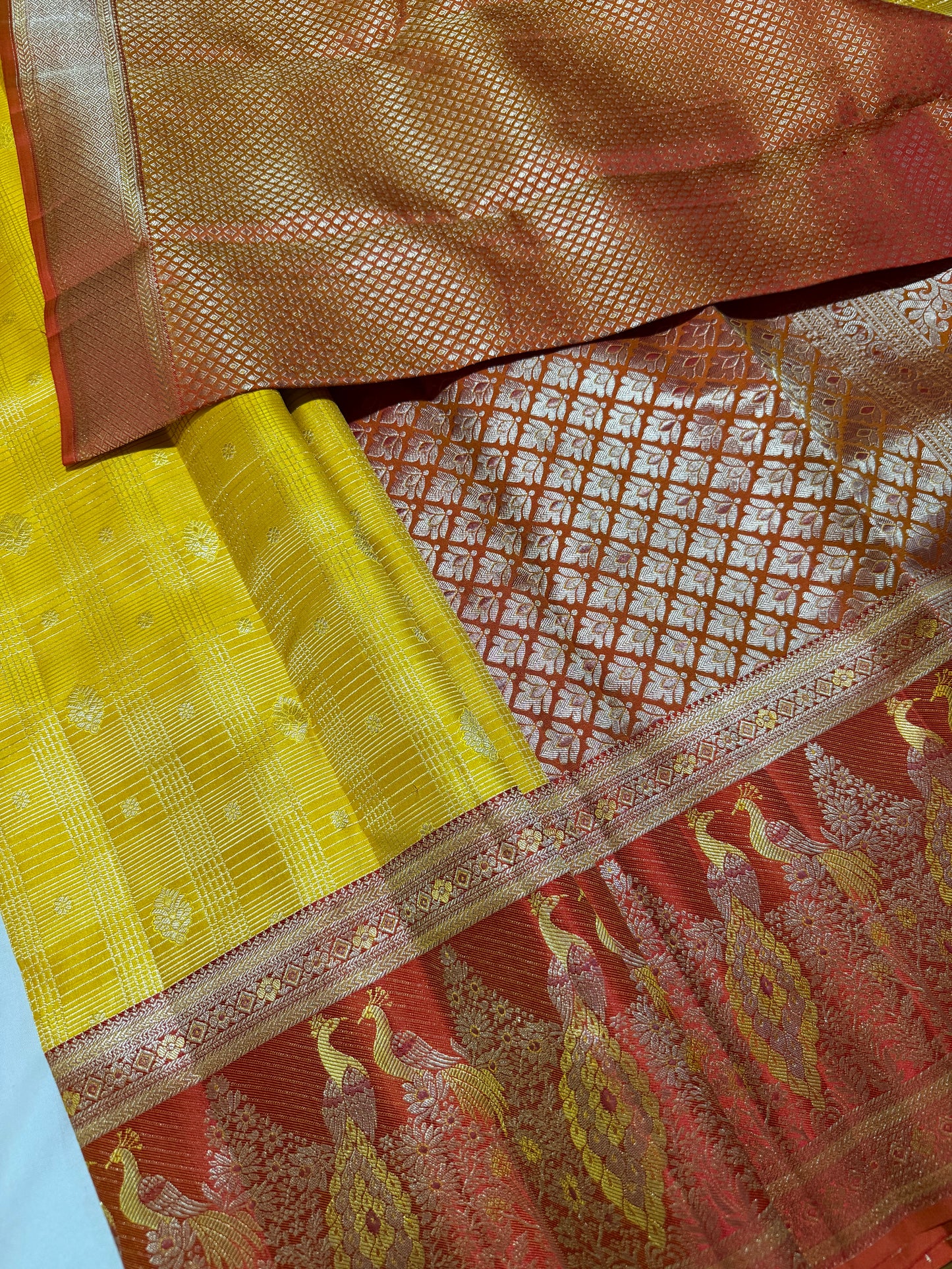 Mustard Yellow Pure Kanchipattu Vintage Saree with Meenakari Red Peacock Motif Border