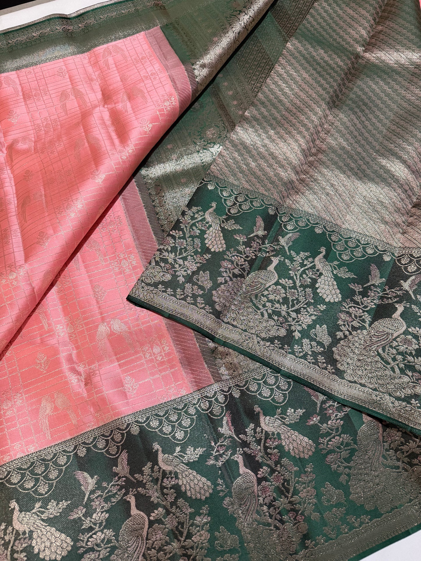 Vintage Kanakambaram Pure Kanchipattu Saree with Parrot Motifs and Bottle Green Peacock Meenakari Border