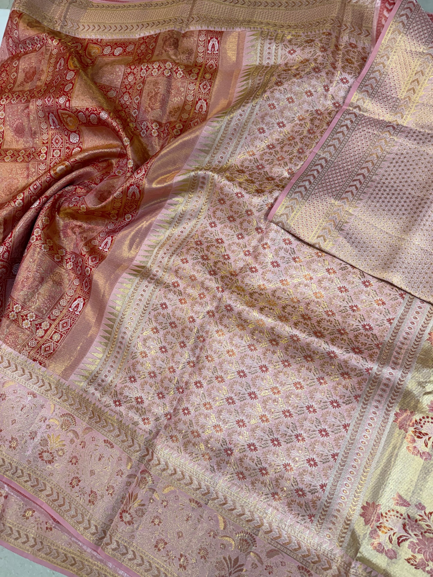 Tomato Red Pure Kanchipattu Saree with Gold Zari Body & Peach Pink Meenakari Border | Silk Mark Certified