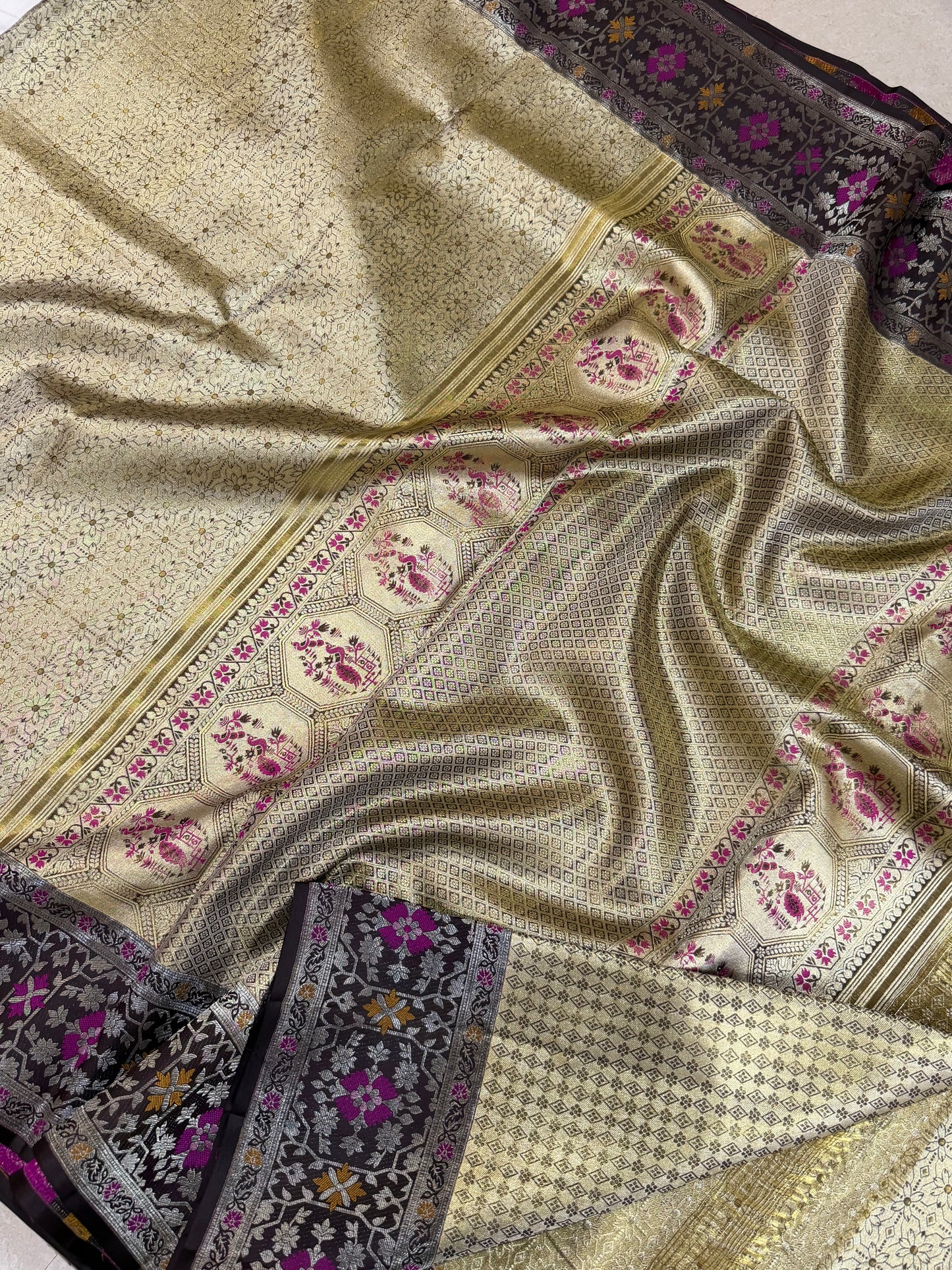 Gold Zari Pure Kanchipattu Saree with Chocolate Brown Meenakari Border | Silk Mark Certified