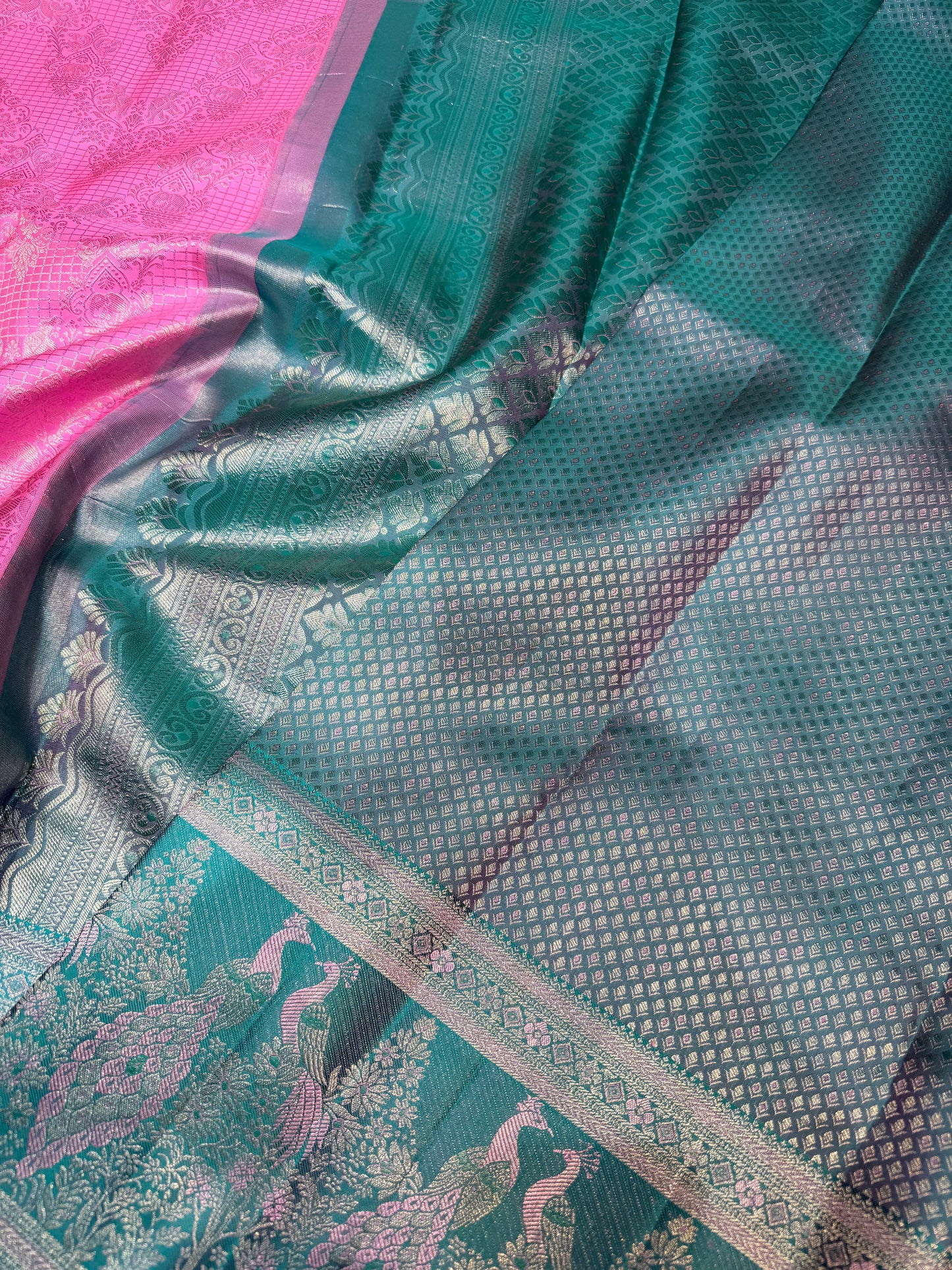 Baby Pink Pure Vintage Saree with Sea Blue Meenakari Border & Peacock Motifs