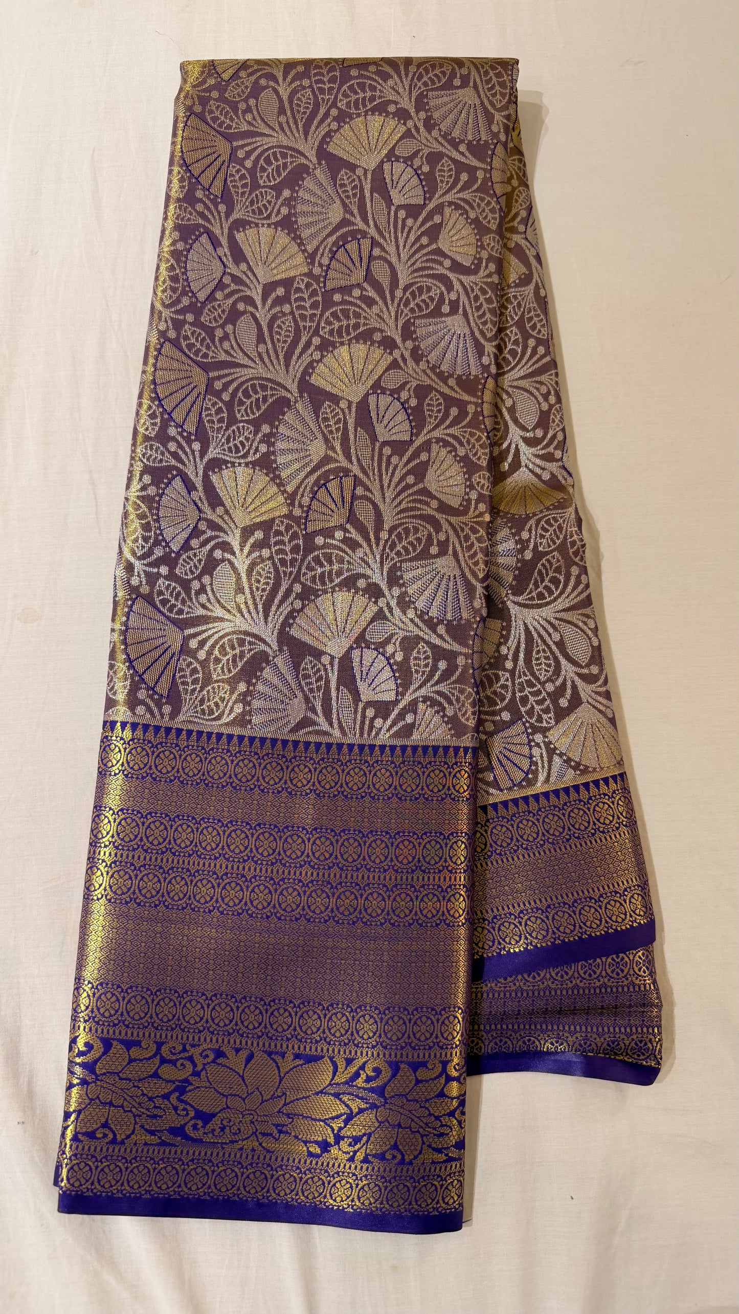 Purple Floral Semi Kanchipattu sarees with traditional border