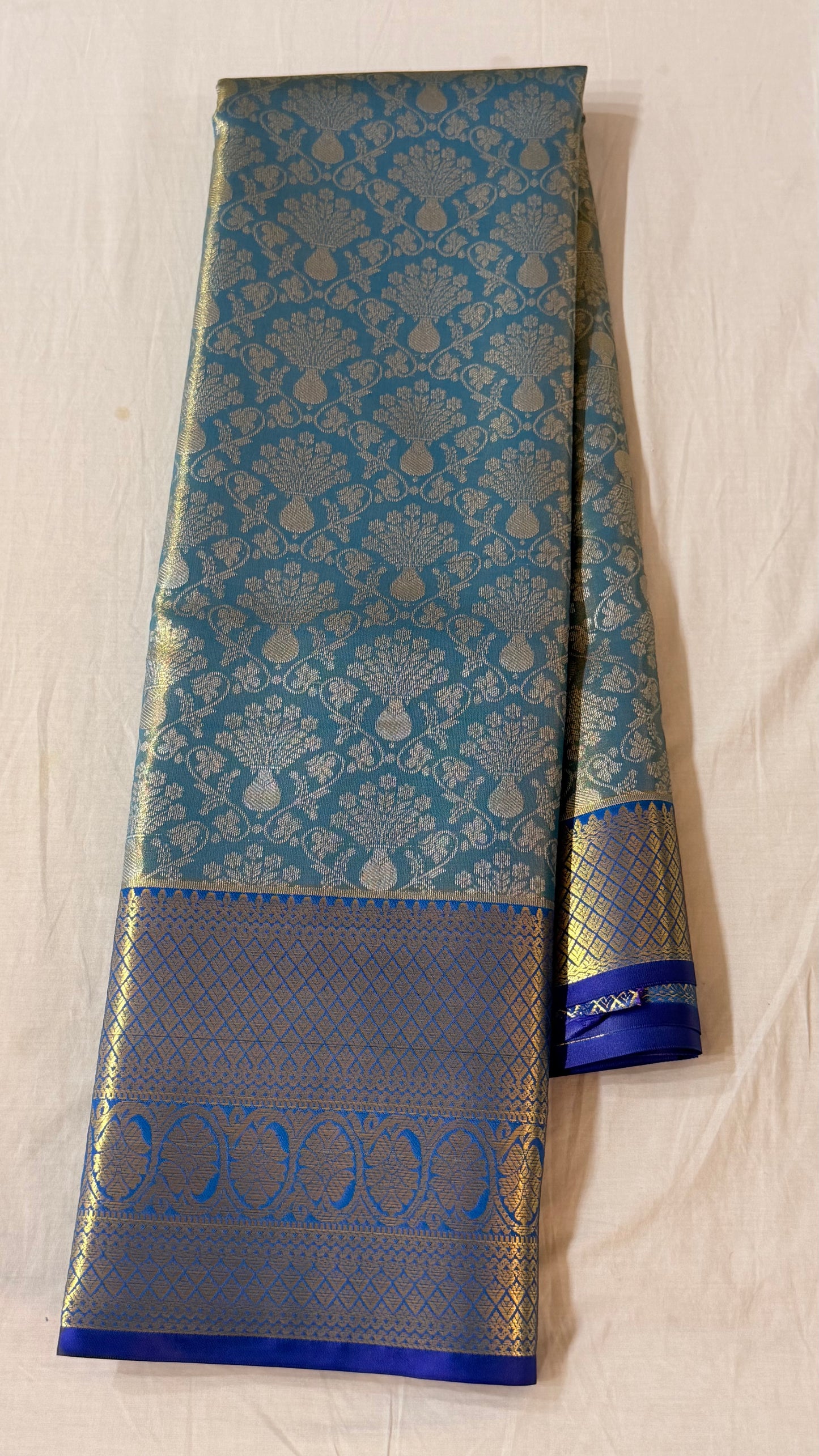Blue and grey Semi Kanchipattu sarees with Blue traditional border
