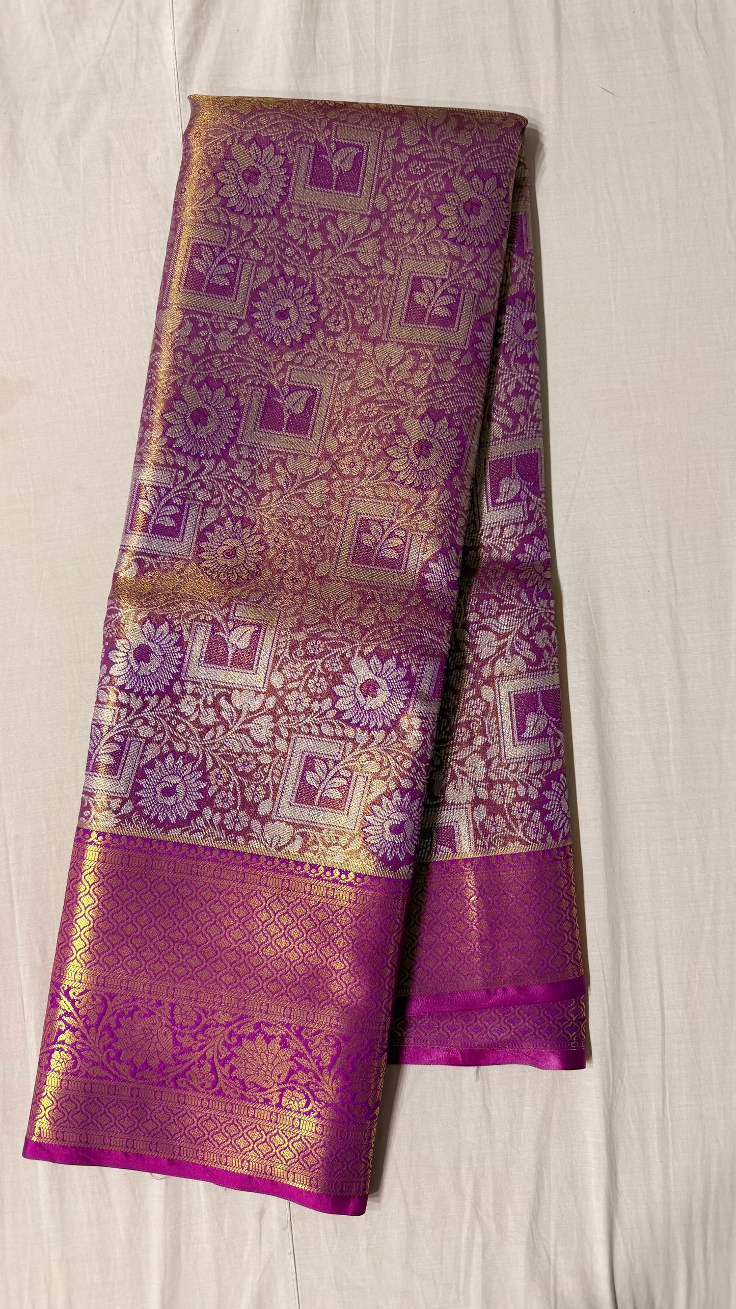 Purple and Gold Semi Kanchipattu sarees with purple traditional border