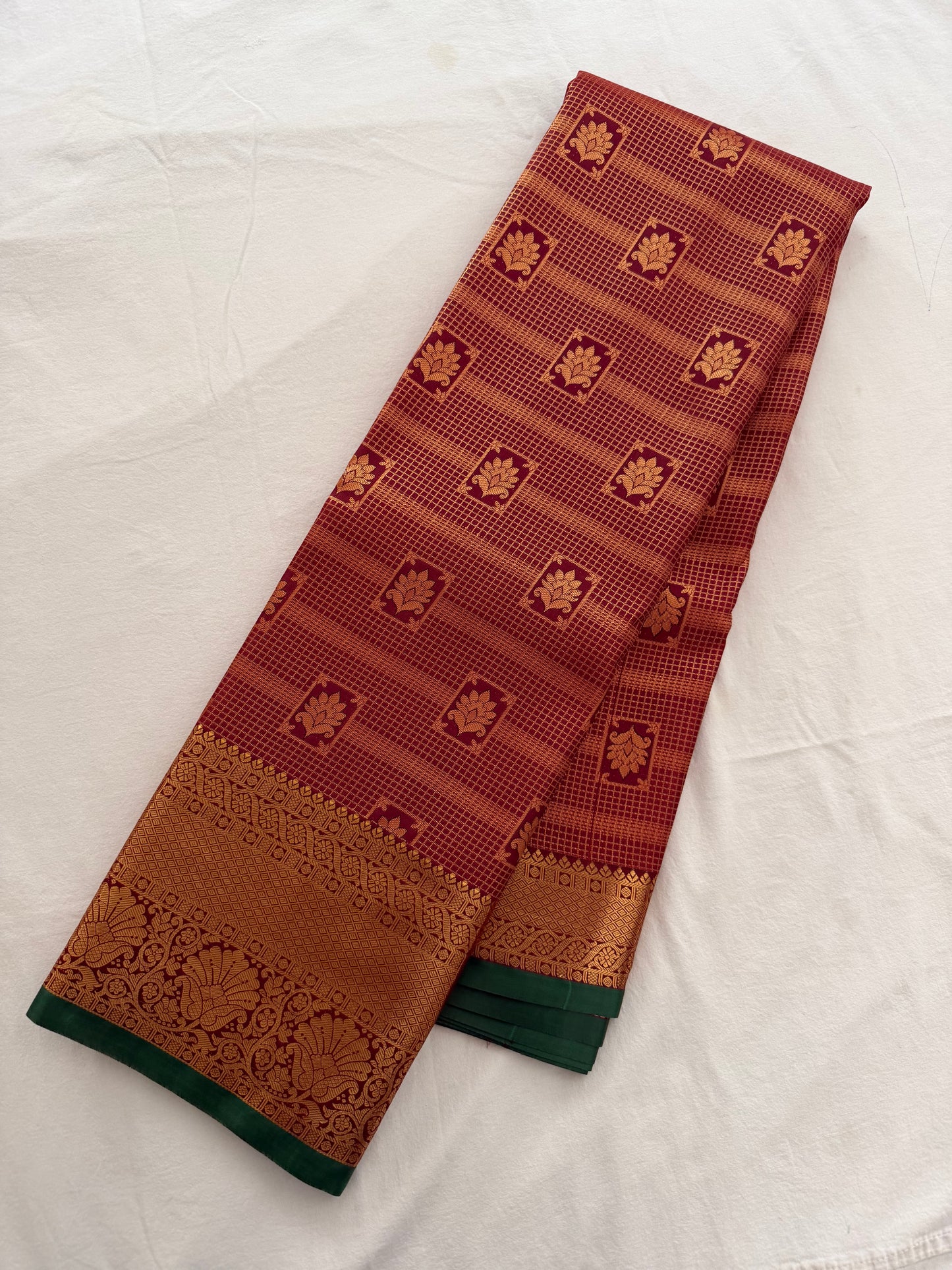 Vintage Brown and green Semi Kanchipattu Saree with Gold Zari Checks & Traditional Border