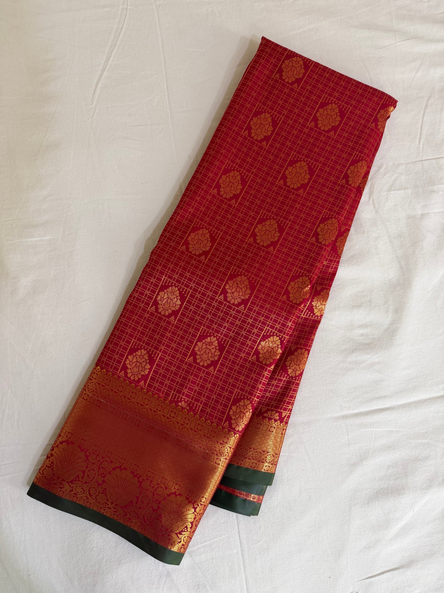 Vintage Red gold Semi Kanchipattu Saree with Gold Zari Checks & Traditional Border