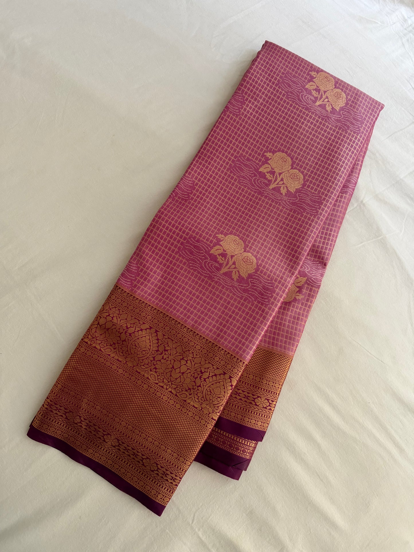 Vintage Rose Pink Semi Kanchipattu Saree with Gold Zari Checks & Traditional Border