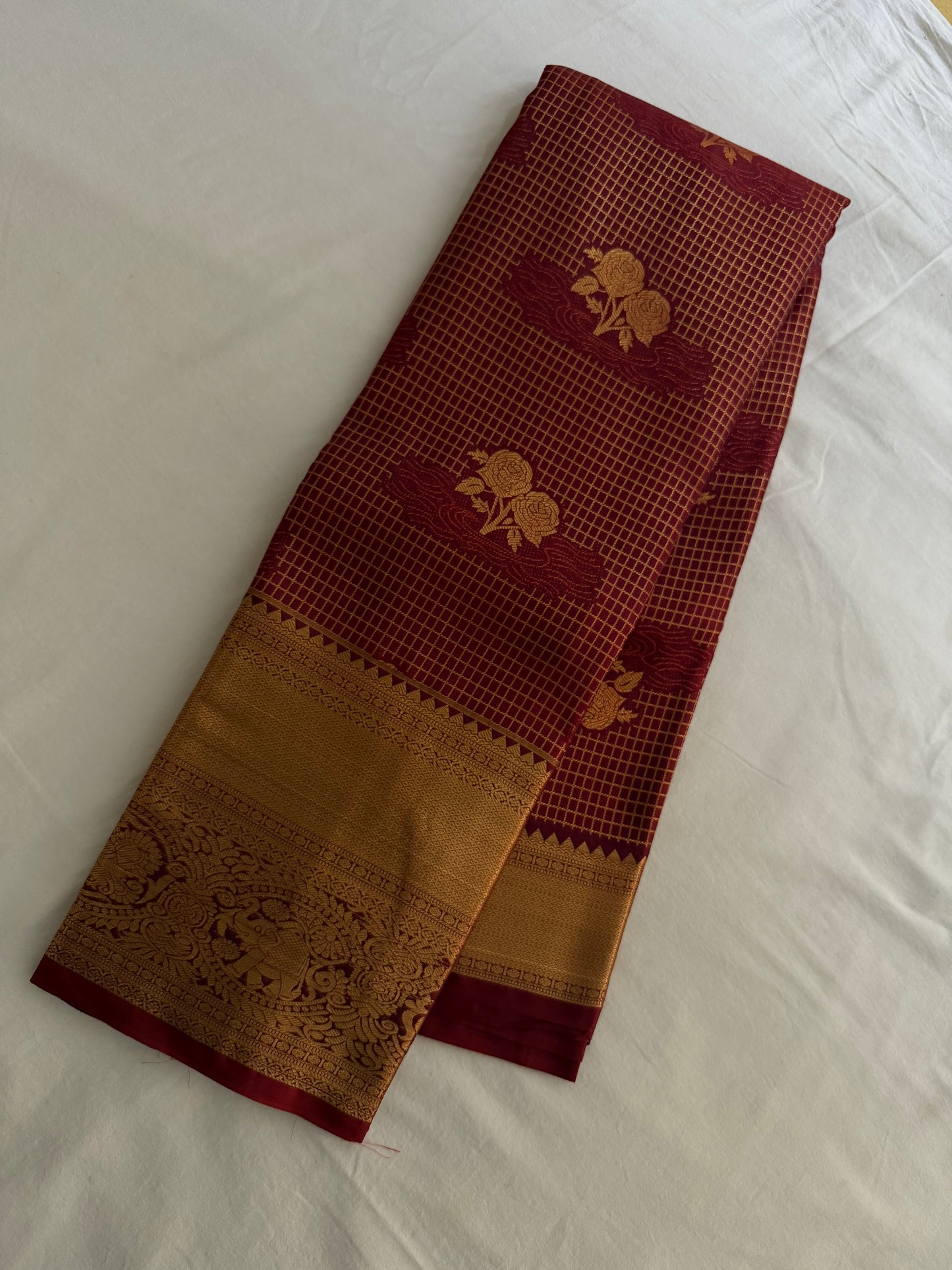 Vintage Deep Maroon Semi Kanchipattu Saree with Gold Zari Checks & Traditional Border