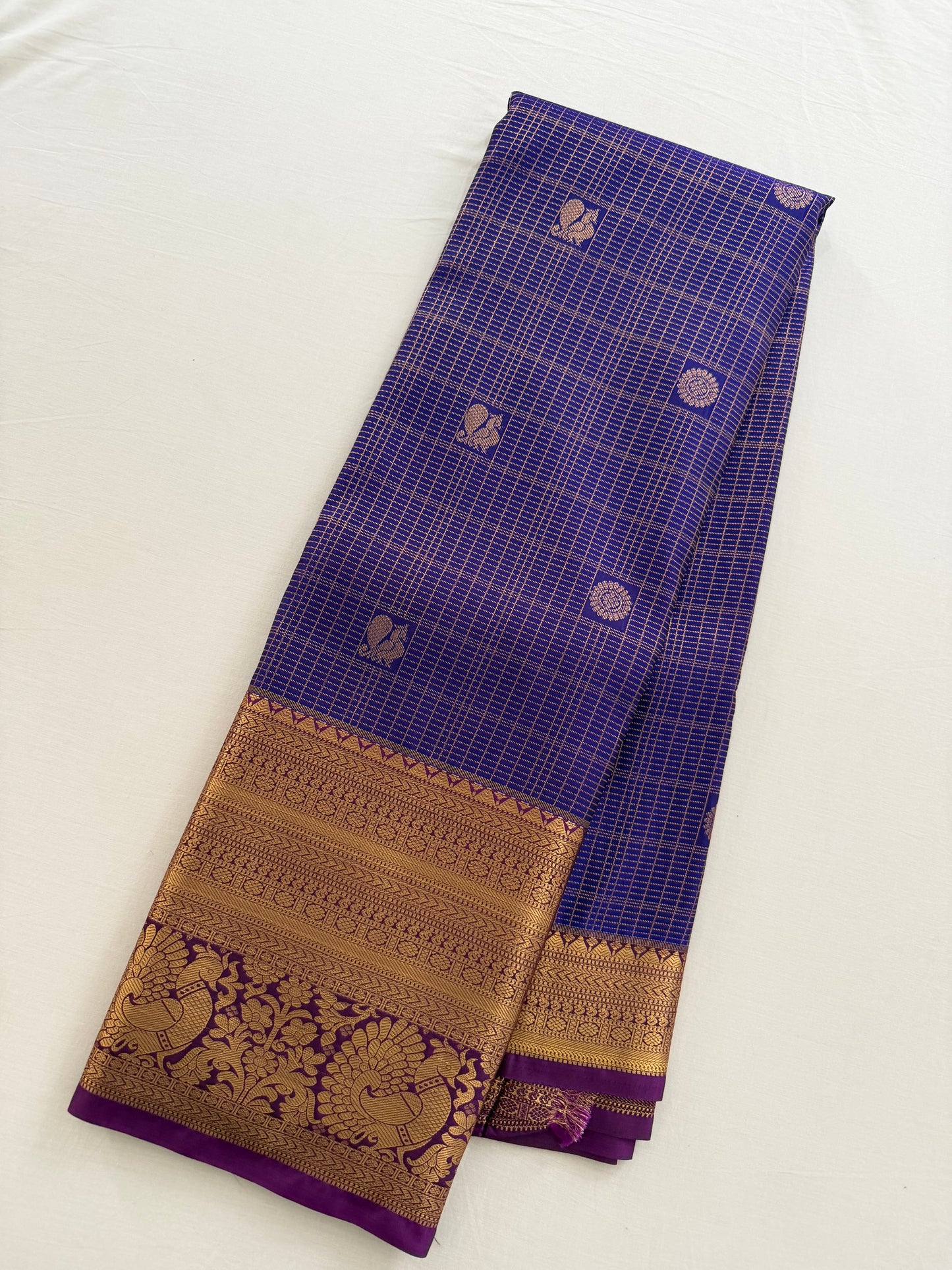 Vintage Blue and pink Semi Kanchipattu Saree with Gold Zari Checks & Traditional Border