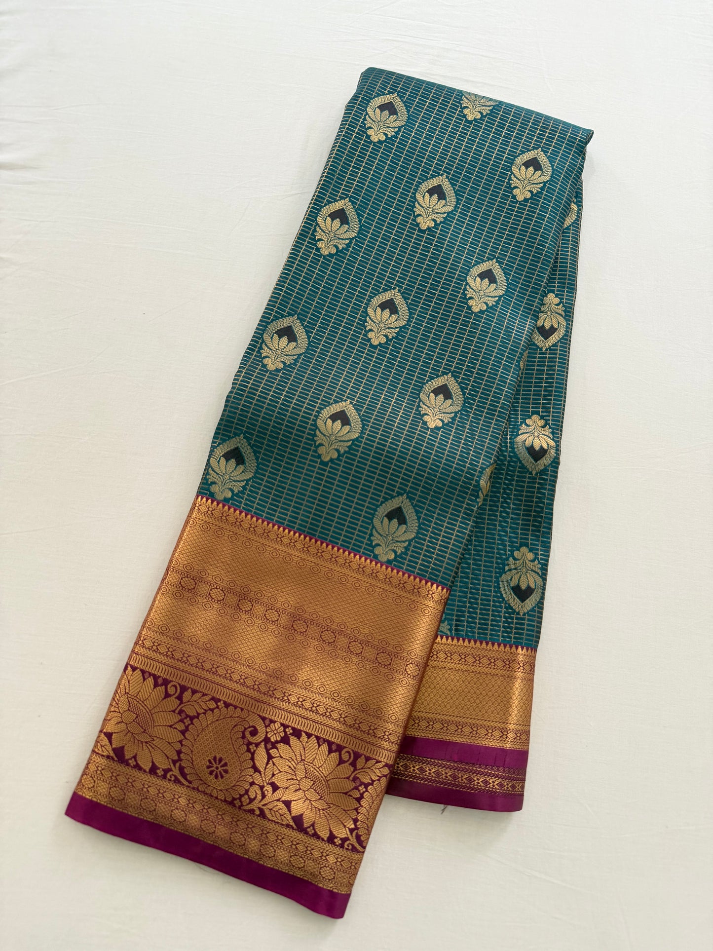 Vintage Teal Green Semi Kanchipattu Saree with Gold Zari Checks & Traditional Border