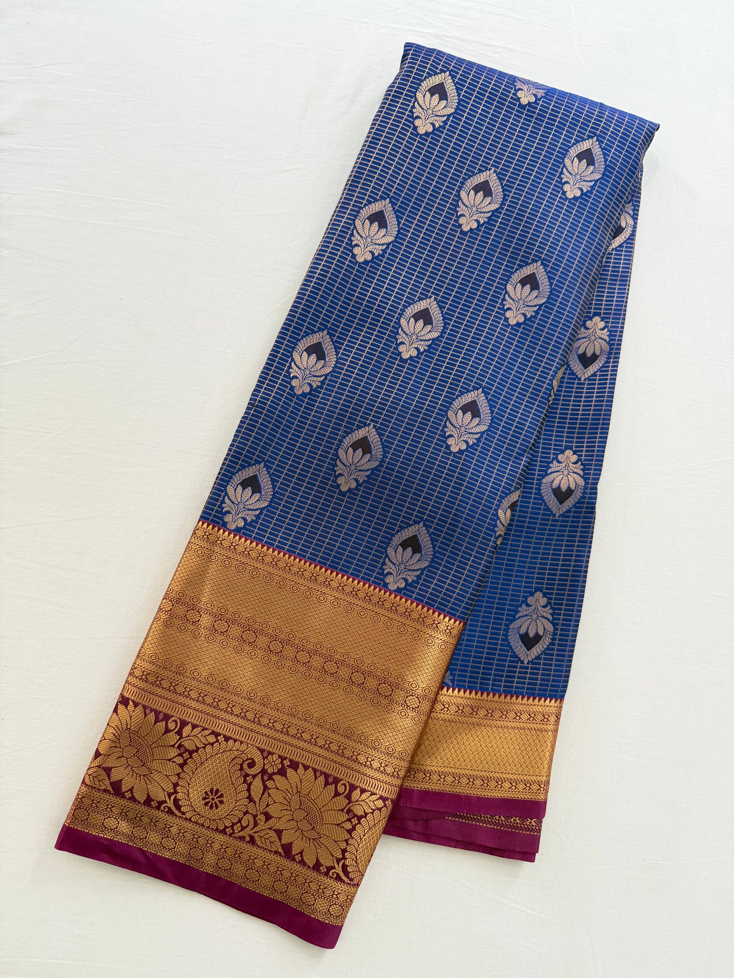 Vintage Blue gold Semi Kanchipattu Saree with Gold Zari Checks & Traditional Border