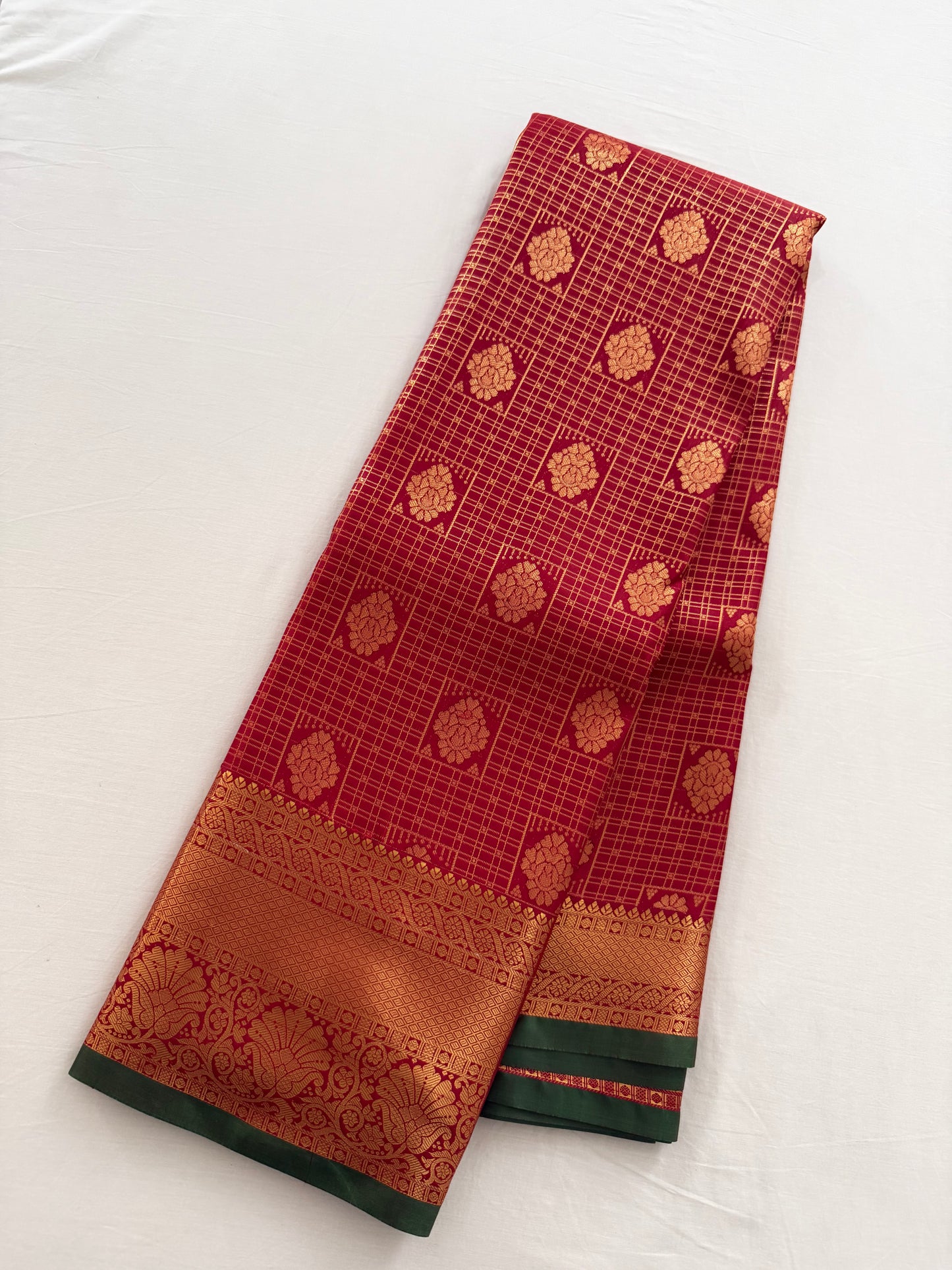 Vintage Ruby Red Semi Kanchipattu Saree with Gold Zari Checks & Traditional Border