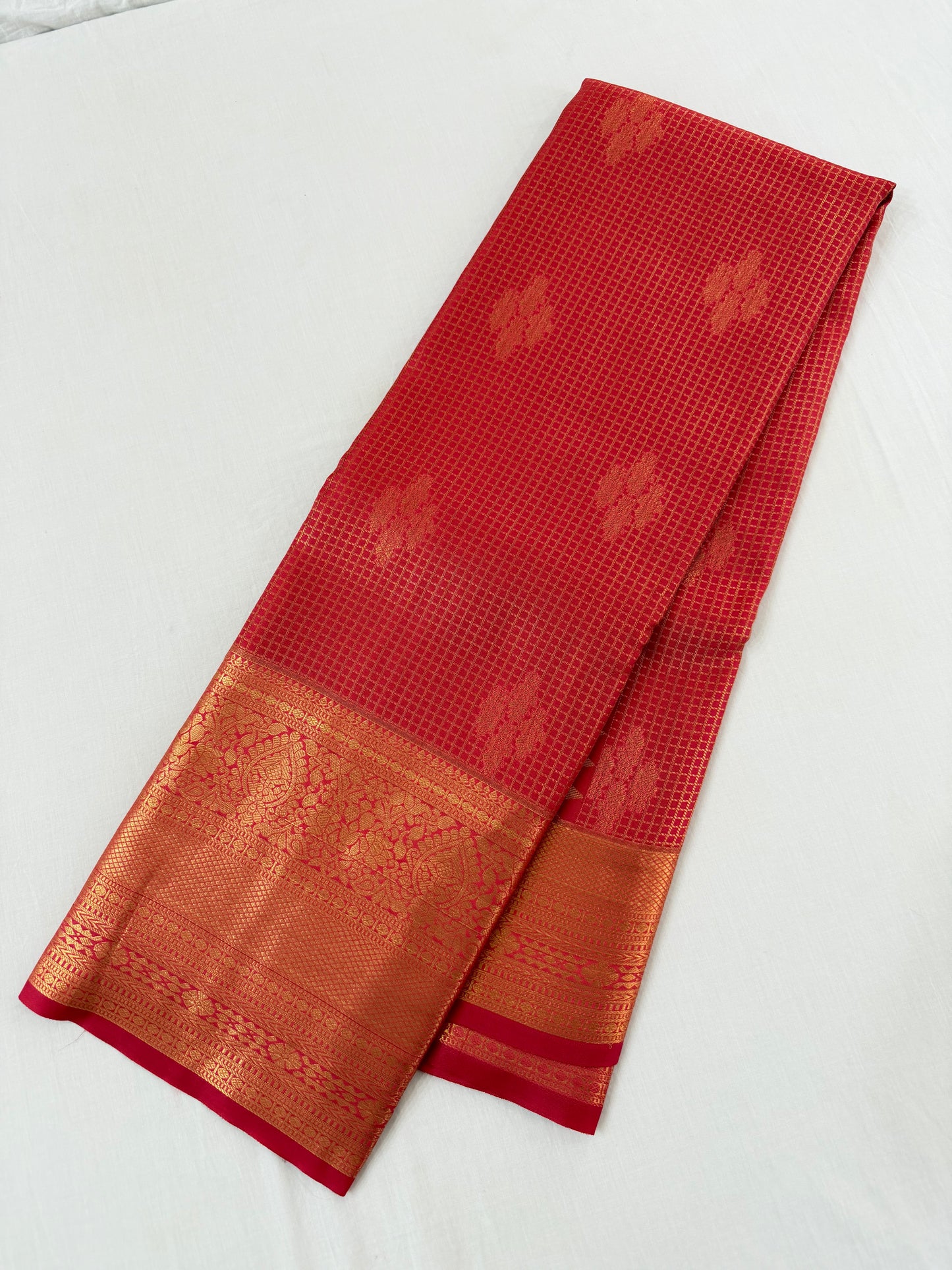 Vintage Scarlet Red Semi Kanchipattu Saree with Gold Zari Checks & Traditional Border