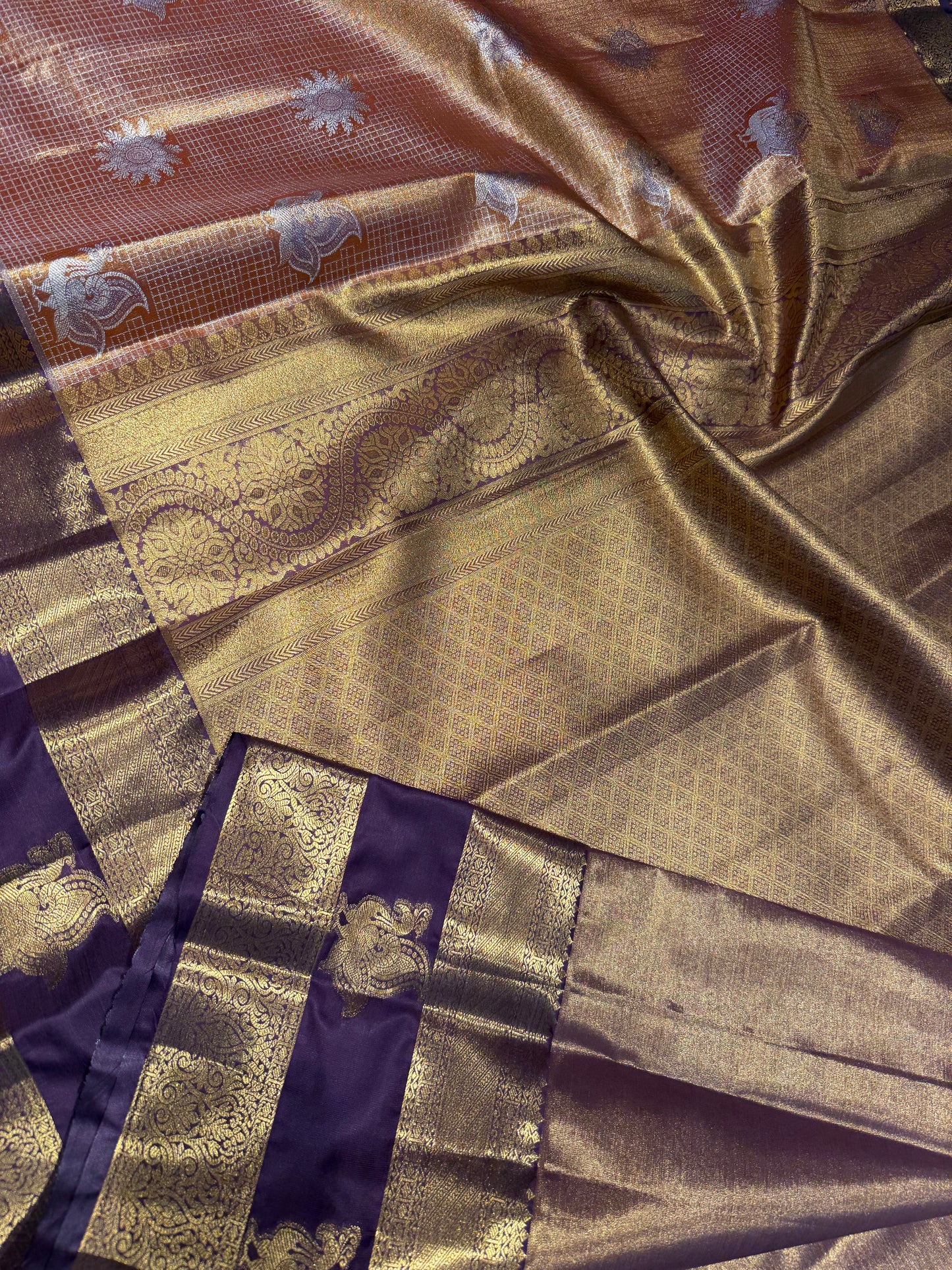 Vintage Honey Gold & Wine Semi Kanchipuram Silk Saree – Zari Check Grid & Gap Border Motifs