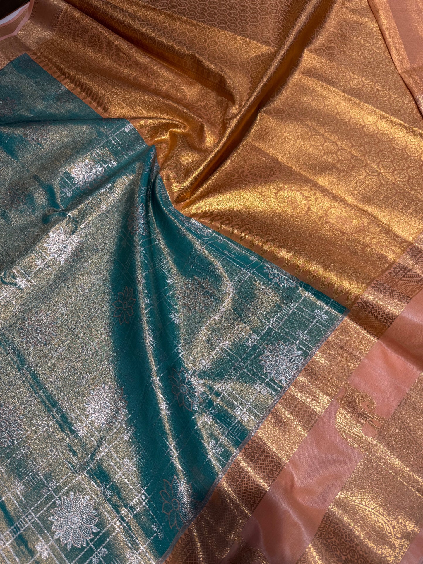 Sea Green Elegant Semi Kanchipuram Silk Saree – Checked Pattern with Gap Border Motifs