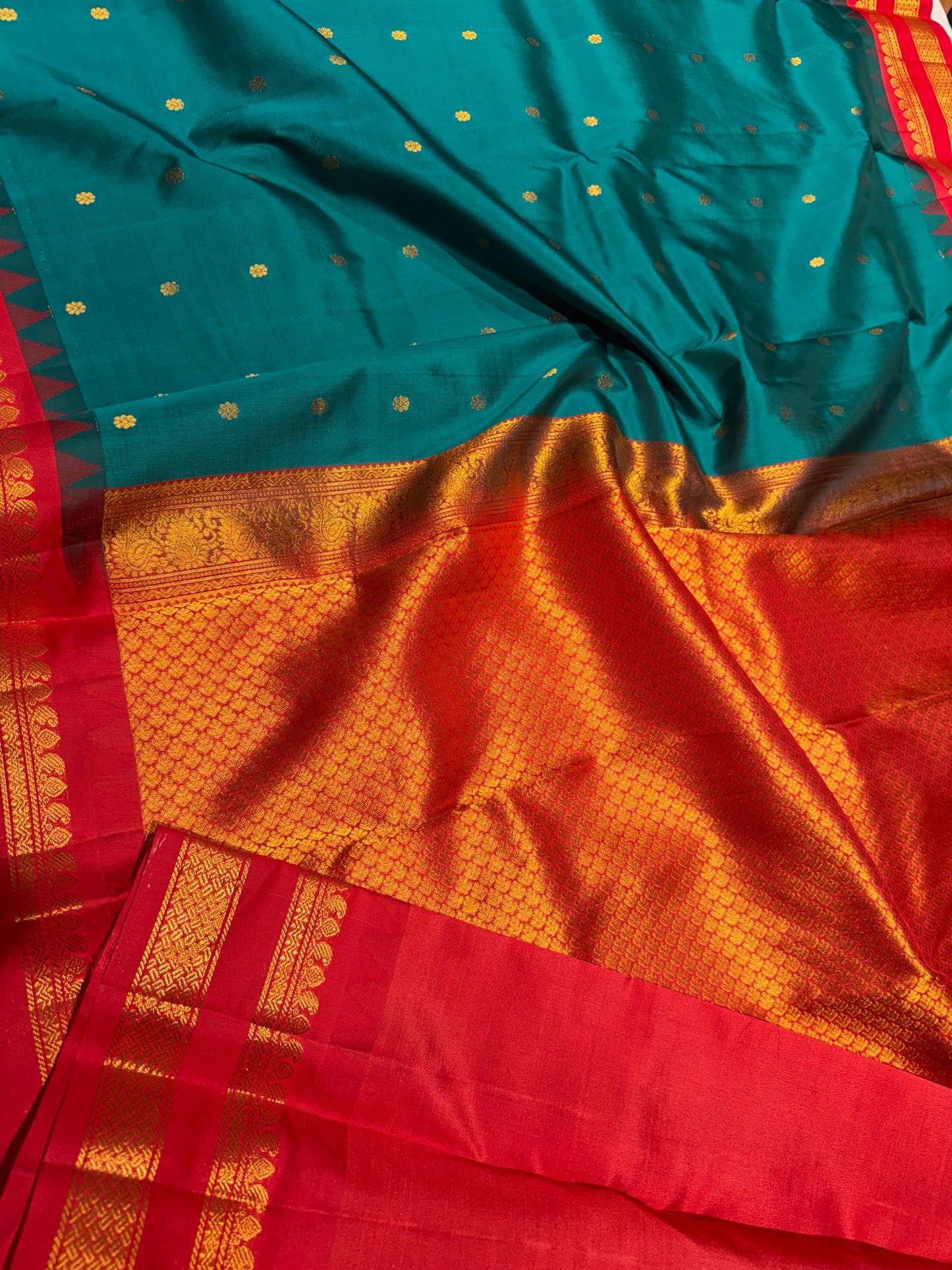 Pure Gadwal Silk Kanchipuram Saree with Peacock Green Body & Red Gopuram Kanchi Border