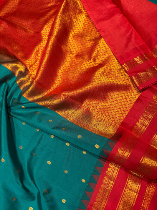 Pure Gadwal Silk Kanchipuram Saree with Peacock Green Body & Red Gopuram Kanchi Border