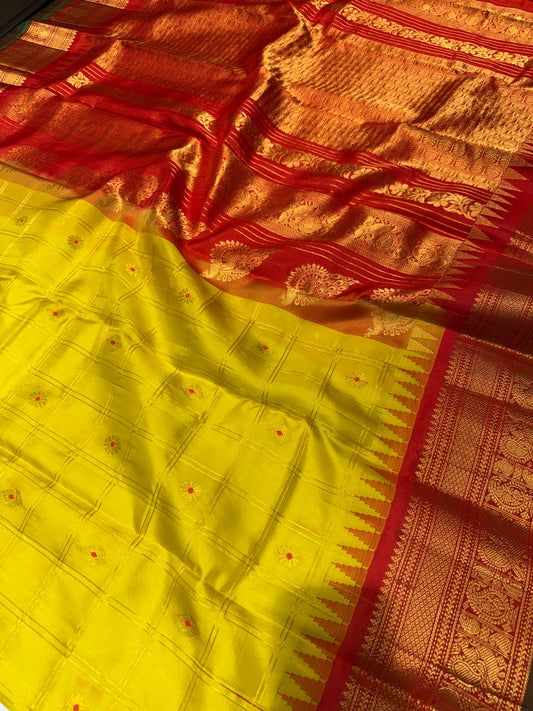 Pure Gadwal Silk Kanchipuram Saree with Mustard Yellow Body & Red Gopuram Kanchi Border