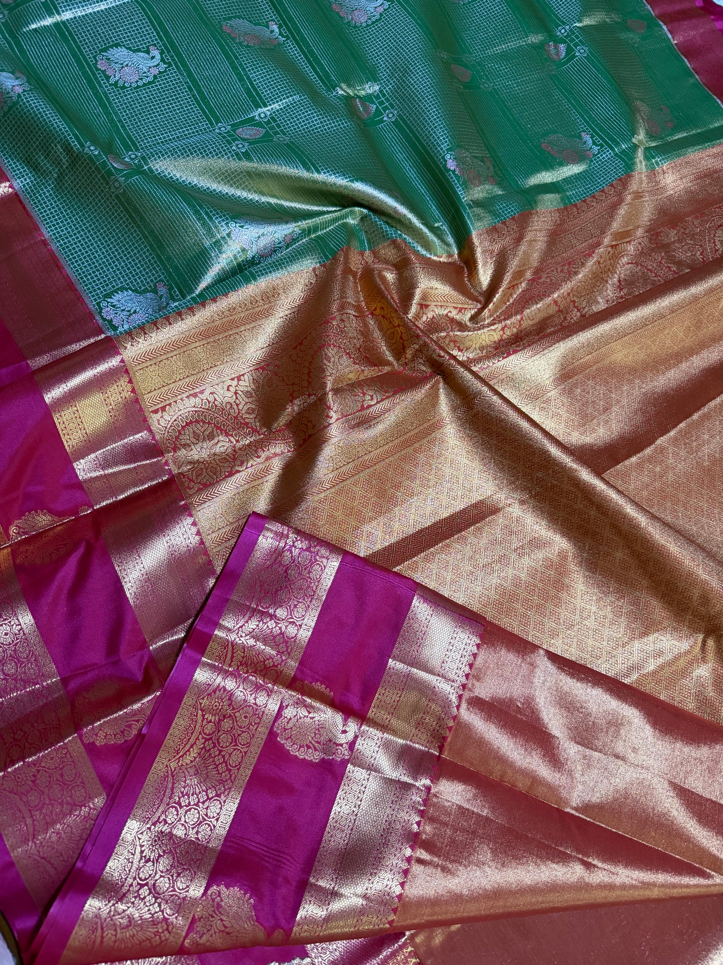 Semi Kanchipattu Tissue Saree – Vintage Checked Body with Elegant Gap Border Motifs
