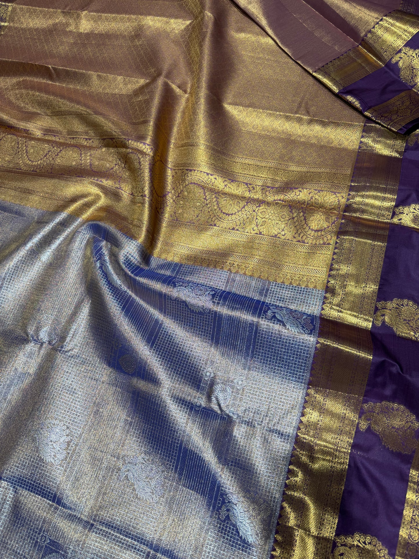 Semi Kanchipattu Tissue Saree – Vintage Checked Body with Elegant Gap Border Motifs