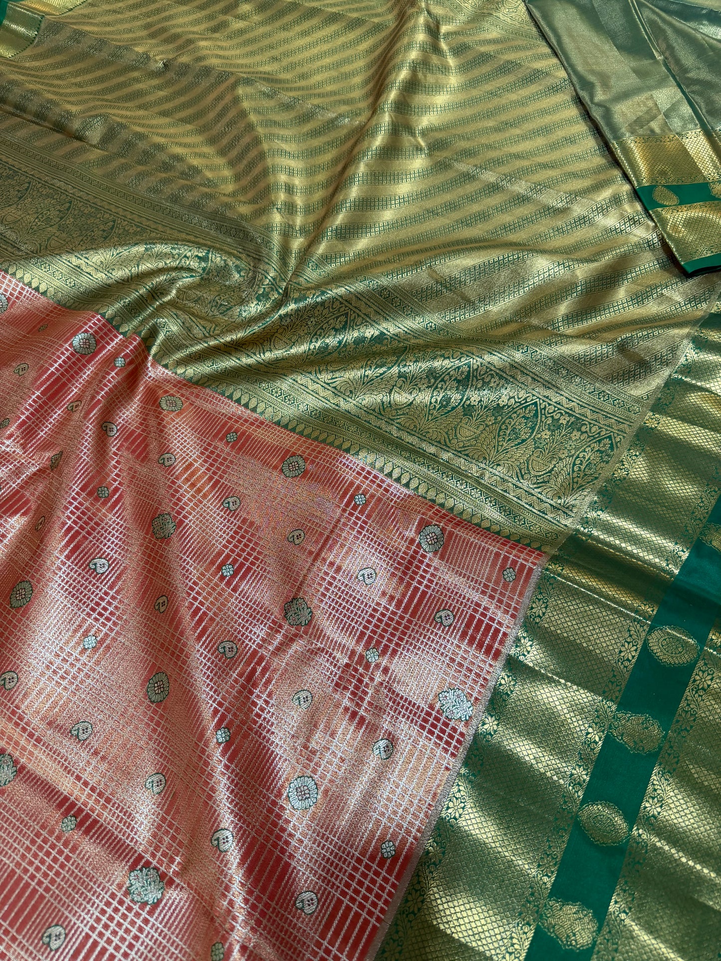 Semi Kanchipattu Tissue Saree – Vintage Checked Body with Elegant Gap Border Motifs