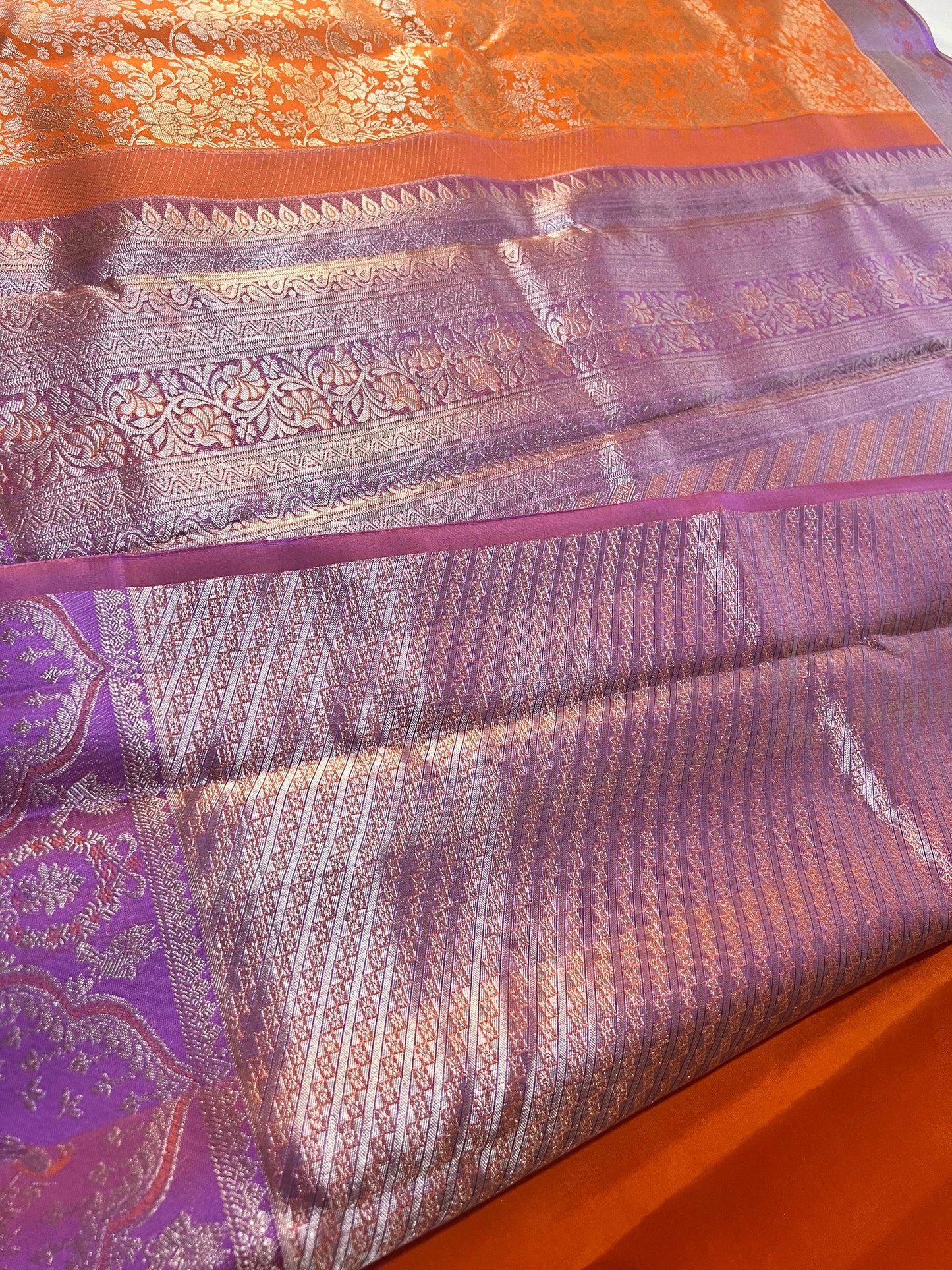 Vibrant Orange Brocade Pure Kanchipattu Saree with Rich Purple Meenakari Border & 1 Gram Silver Zari