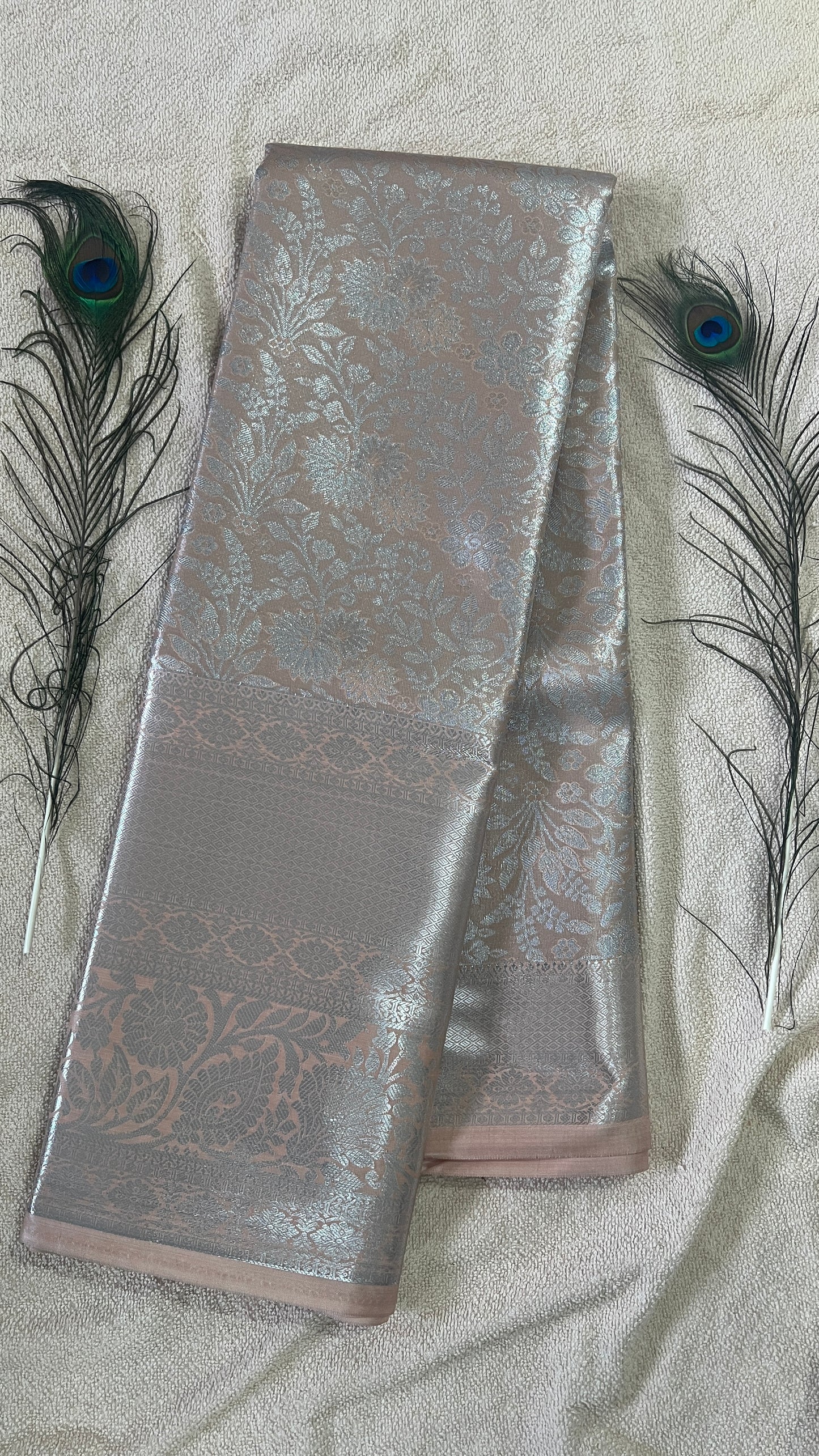 Pastel Champagne Peach and silver Semi Kanchipattu silk sarees with self traditional border