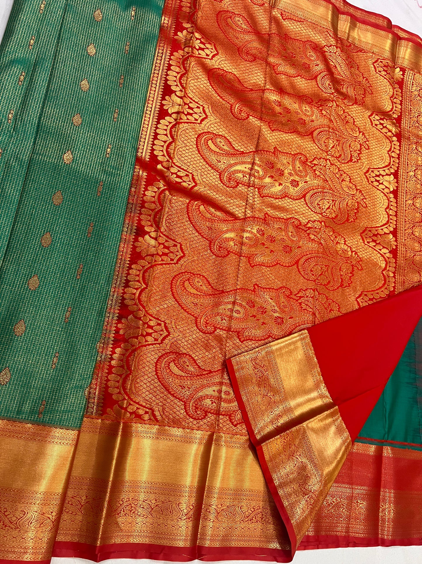 Premium Dark Green Checks Saree with Rich Red Border