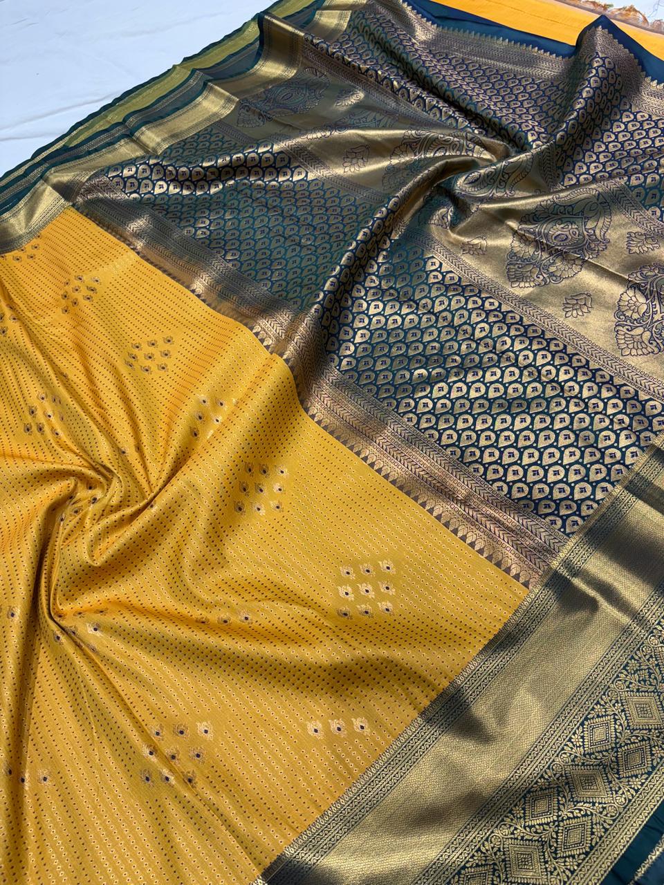 Royal Mustard Yellow & Bottle Blue Vintage Semi-Kanchi Pattu Silk Saree