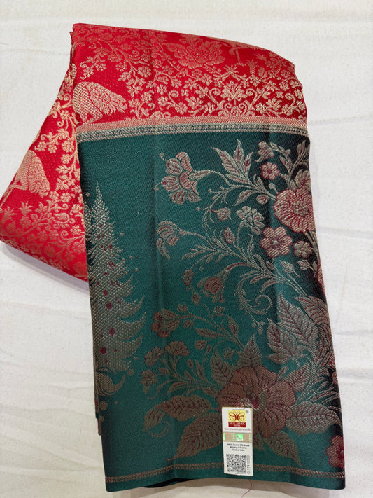 Pure Kanchipuram Handloom Silk Saree – Red Body with Bottle Green Meenakari Peacock Border