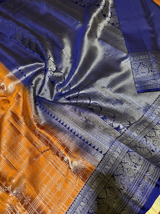 Pure Kanchipuram Vintage Handloom Silk Saree – Gold & Orangish Dual Tone Body with Royal Blue Kanchi Border