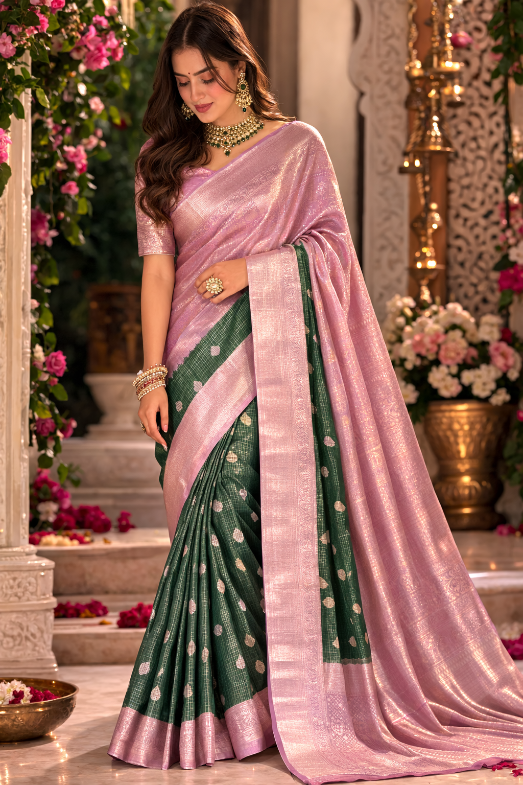 Elegant Pink & Green Banarasi Silk Saree