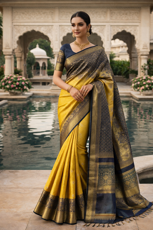 Royal Mustard & Navy Blue Silk Saree