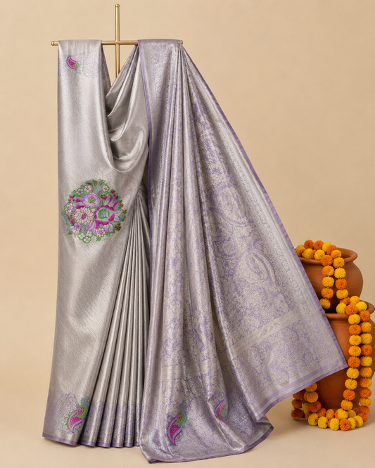 Meenakari Silk Saree with Peacock & Floral Motifs