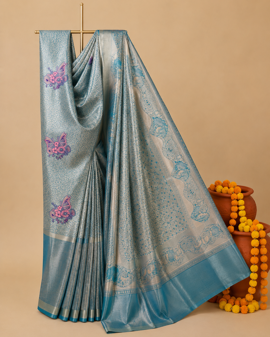 Meenakari Saree with Artistic Butterfly & Floral Weaves
