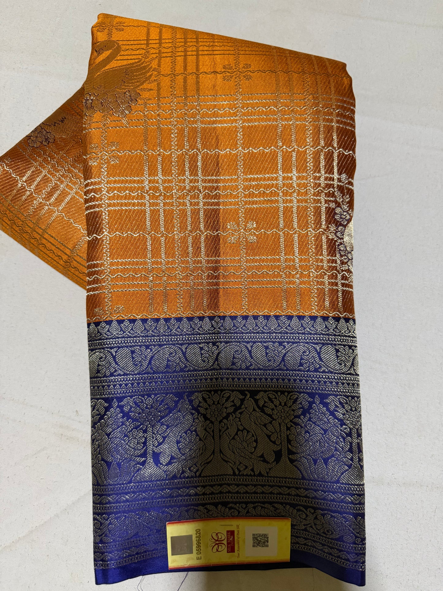 Pure Kanchipuram Vintage Handloom Silk Saree – Gold & Orangish Dual Tone Body with Royal Blue Kanchi Border