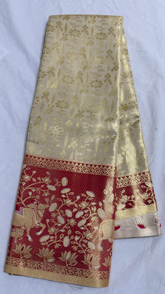 Elegant Off White Semi Kanchipattu Saree with Red Meenakari Detailing