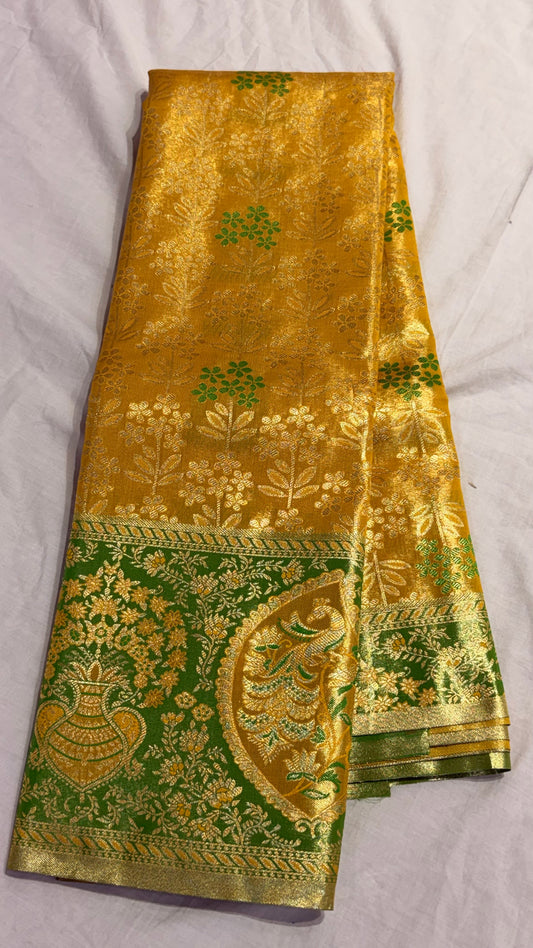 Mustard Yellow Semi Kanchipattu Saree with Green Meenakari Border