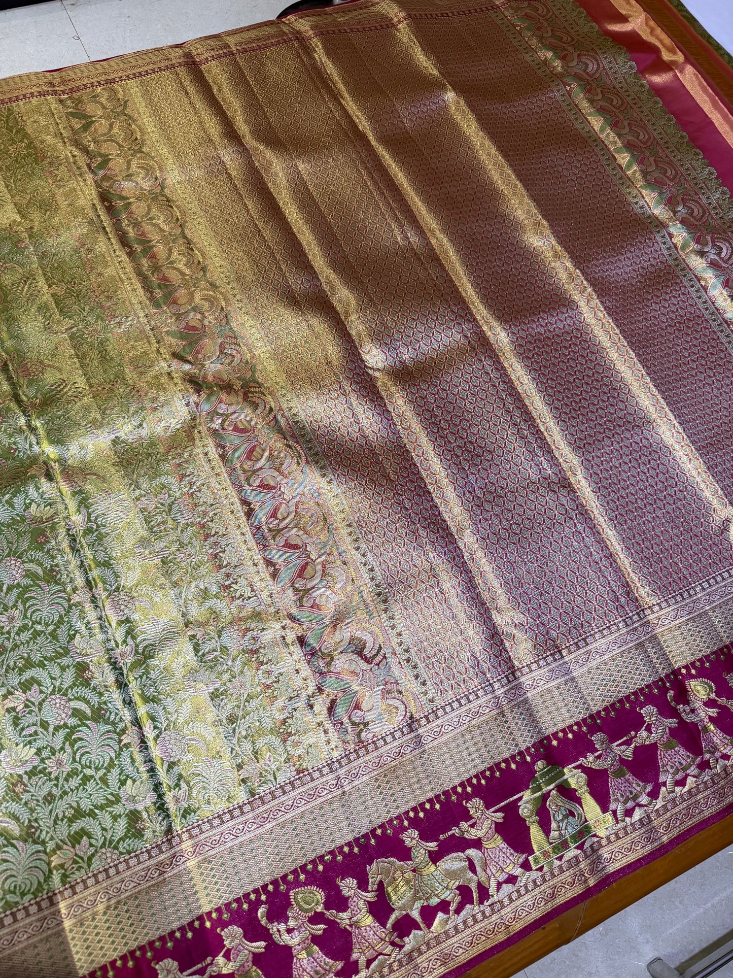 Pure Kanchipattu Saree with Green Brocade Body and Red Pallaki Border