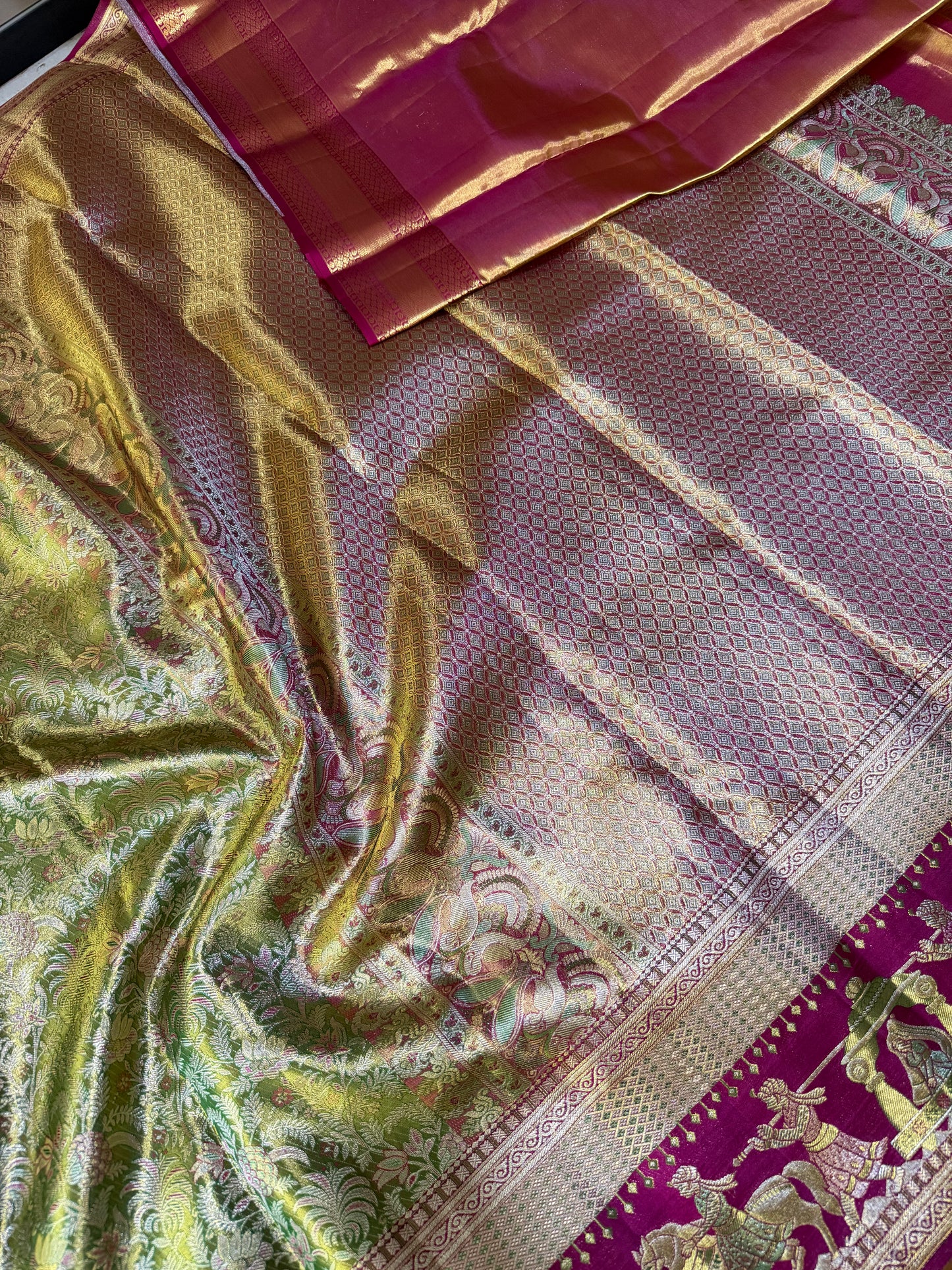 Pure Kanchipattu Saree with Green Brocade Body and Red Pallaki Border