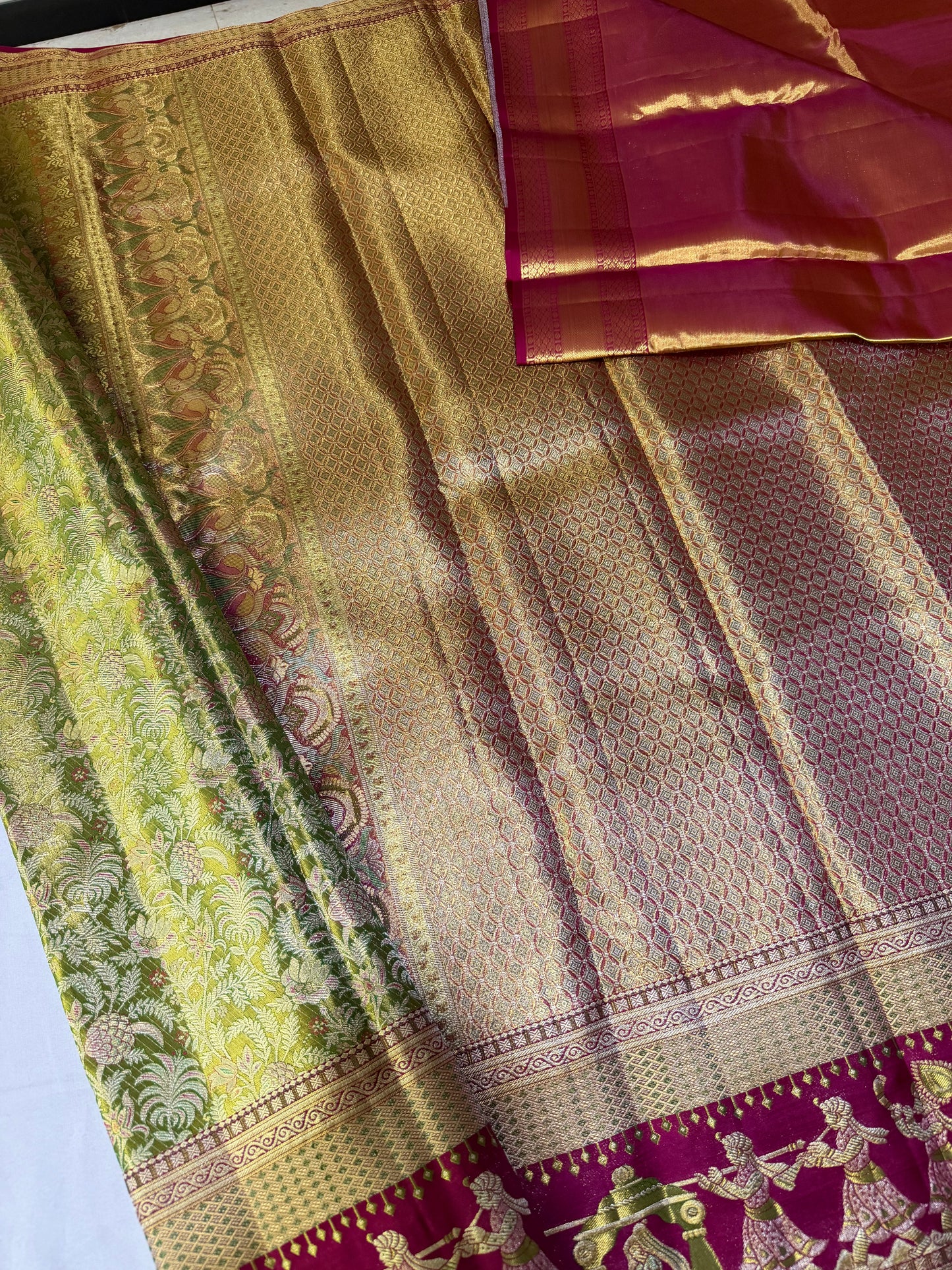 Pure Kanchipattu Saree with Green Brocade Body and Red Pallaki Border