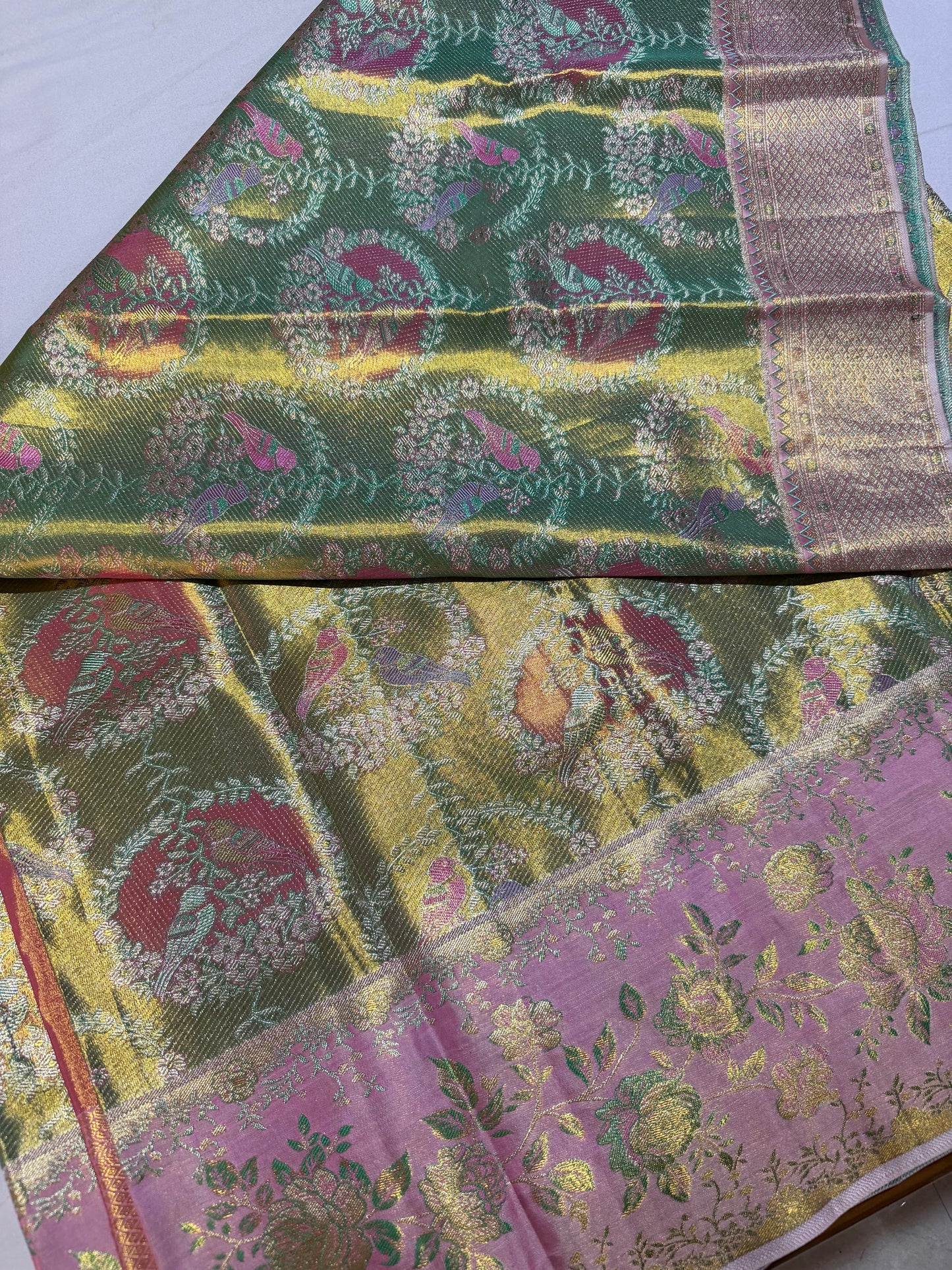 Parrot Green Pure Kanchipattu Saree with Gold Zari Parrot Motifs and Meenakari Pink Border
