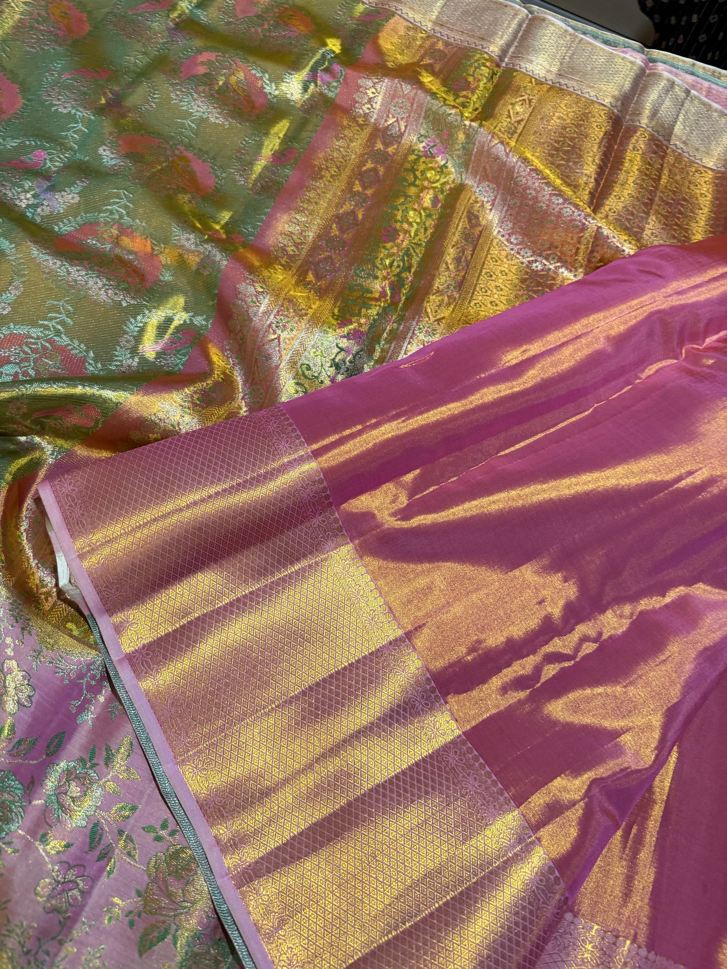 Parrot Green Pure Kanchipattu Saree with Gold Zari Parrot Motifs and Meenakari Pink Border