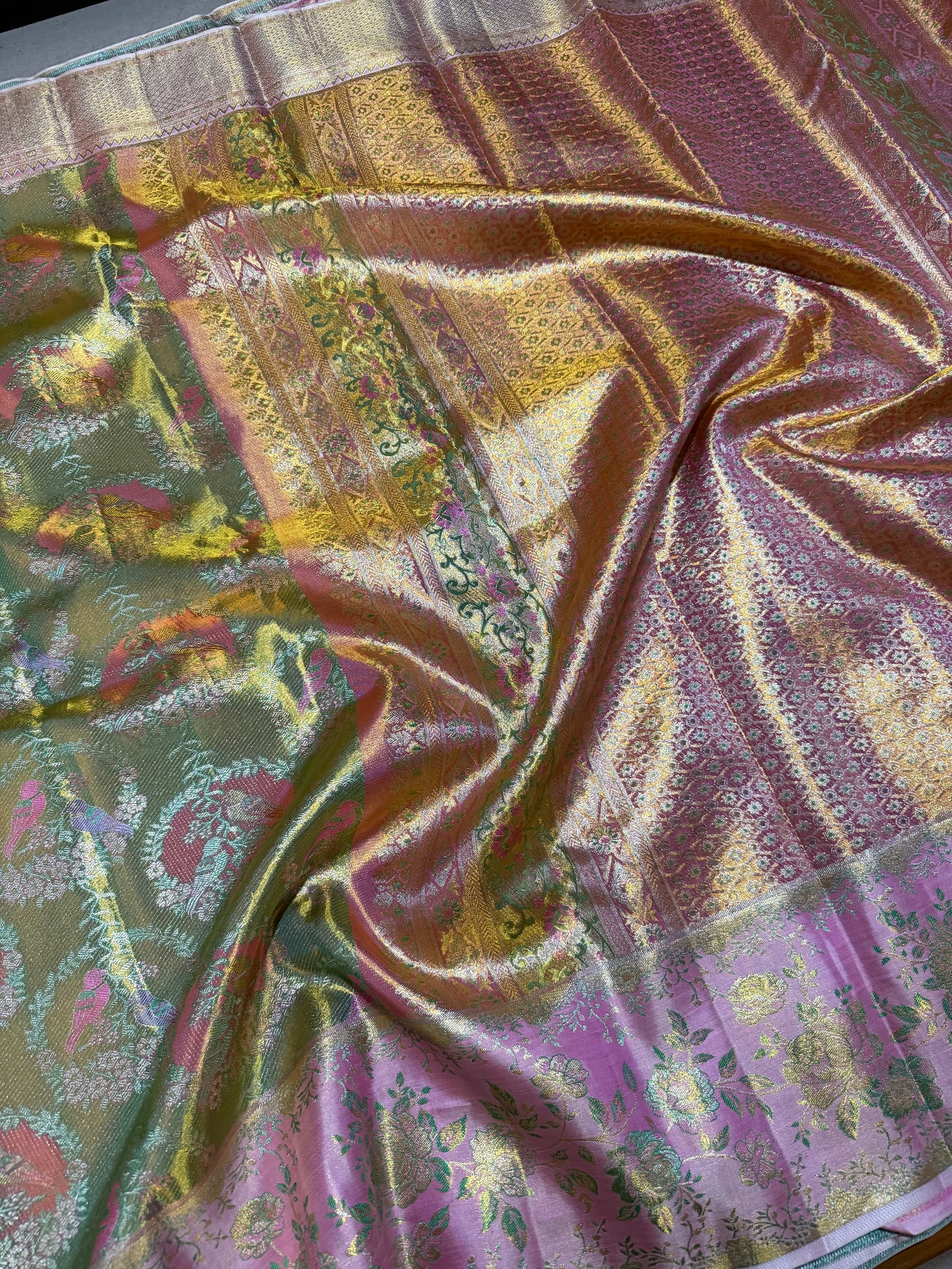 Parrot Green Pure Kanchipattu Saree with Gold Zari Parrot Motifs and Meenakari Pink Border