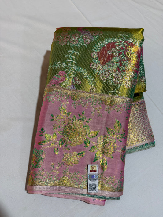 Parrot Green Pure Kanchipattu Saree with Gold Zari Parrot Motifs and Meenakari Pink Border