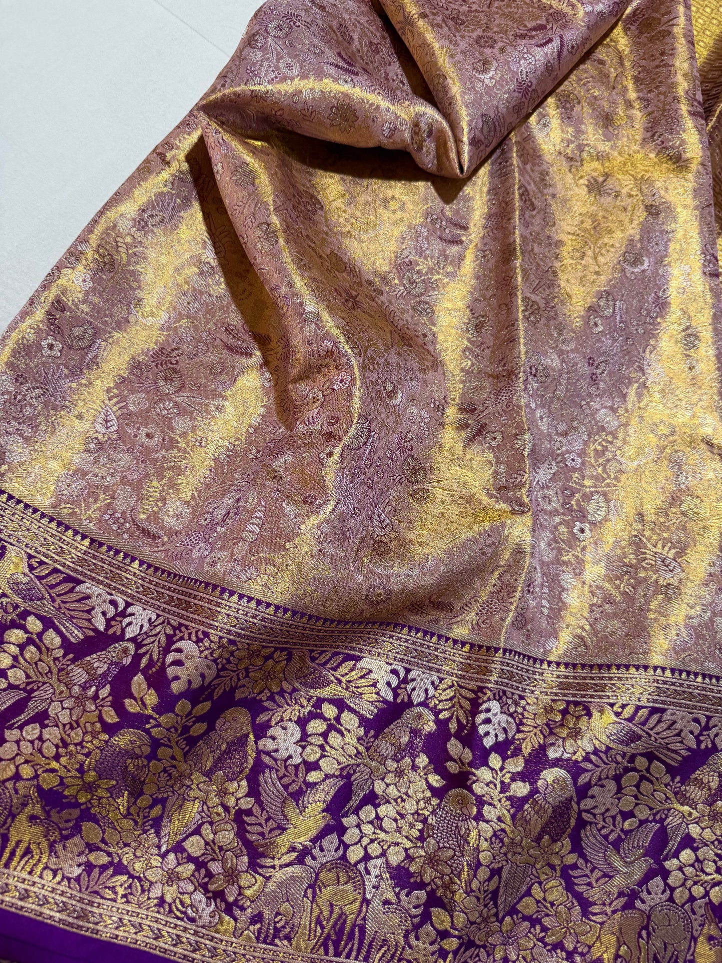 Biscuit Color Pure Kanchipattu Saree with Gold Zari Brocade Body and Meenakari Purple Border