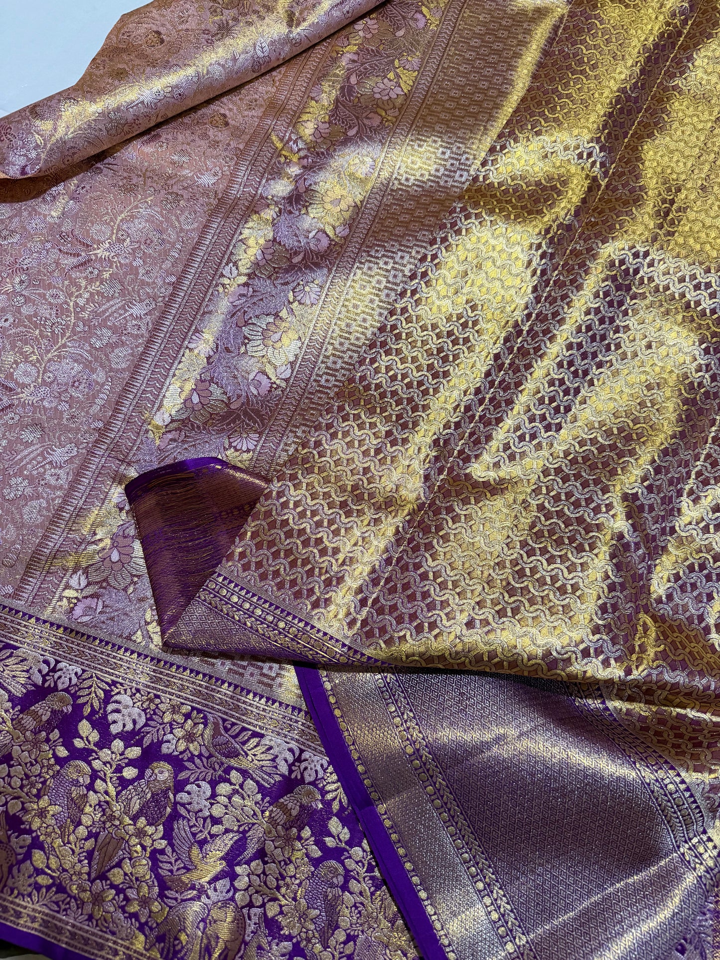 Biscuit Color Pure Kanchipattu Saree with Gold Zari Brocade Body and Meenakari Purple Border