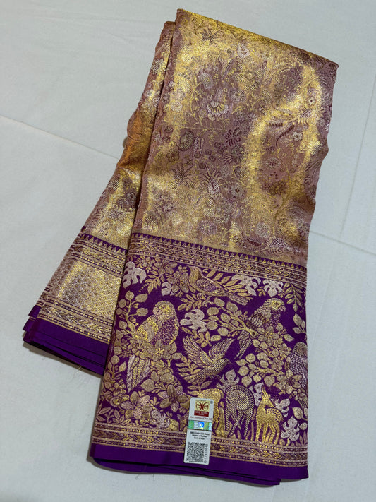 Biscuit Color Pure Kanchipattu Saree with Gold Zari Brocade Body and Meenakari Purple Border