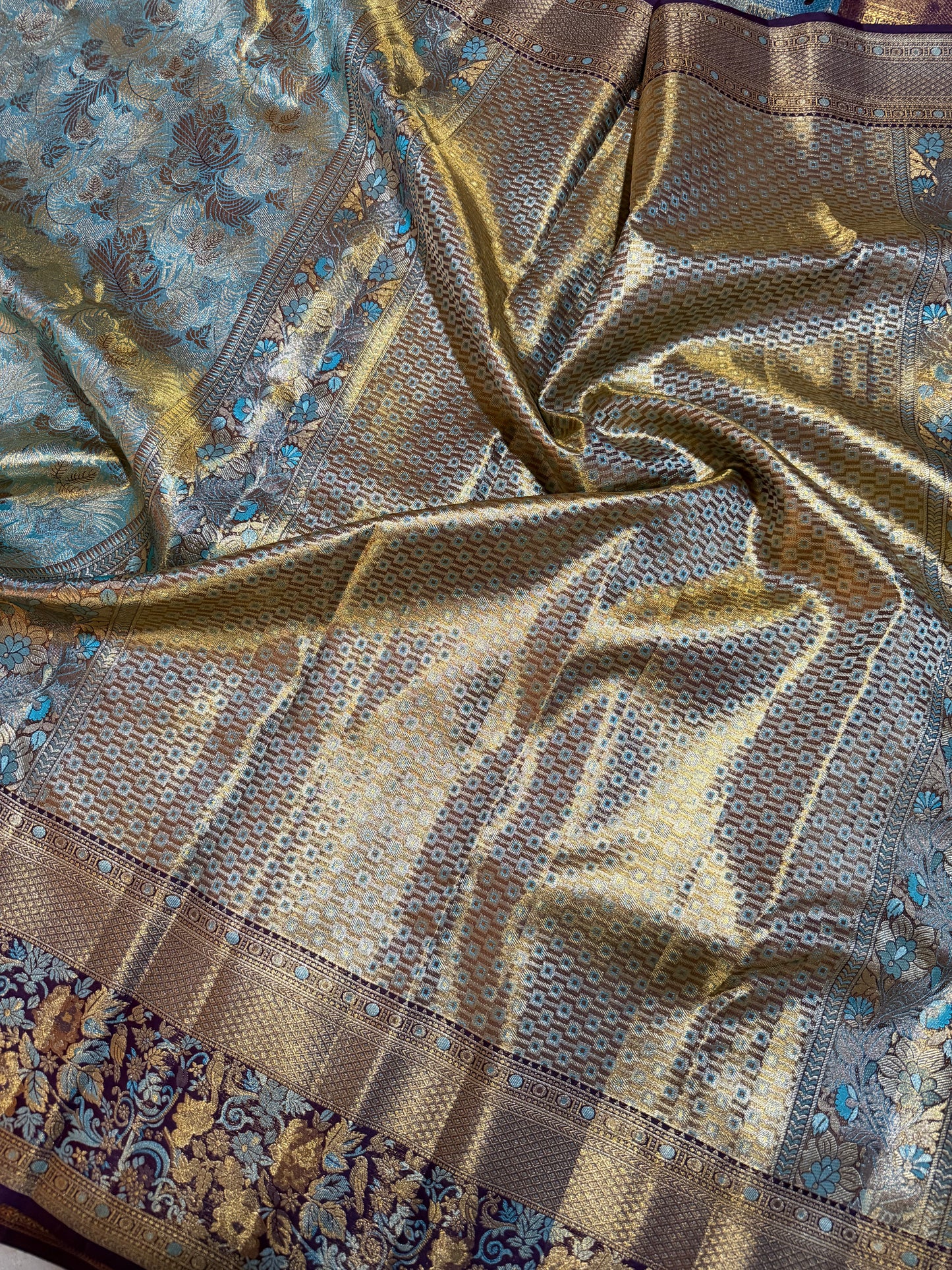 Sea Green & Blue Pure Kanchipattu Saree with Gold-Silver Zari Brocade and Meenakari Maroon Border